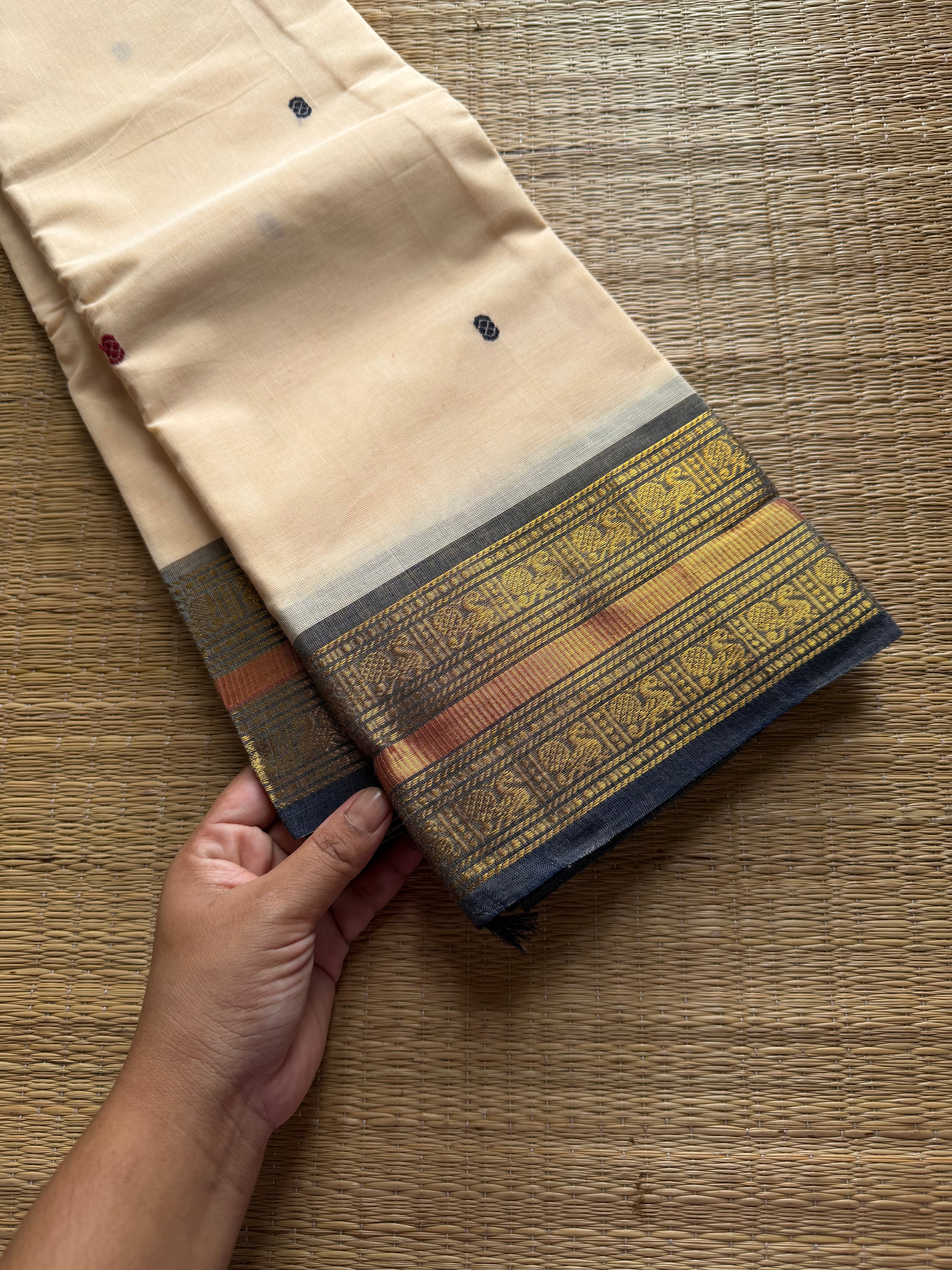 Half white with grey combination Kanchi cotton saree with handmade thread buttas