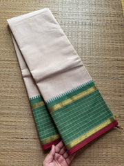 RF377 Cream with green combination vintage border Kattam / checks pattern Kanchi cotton saree