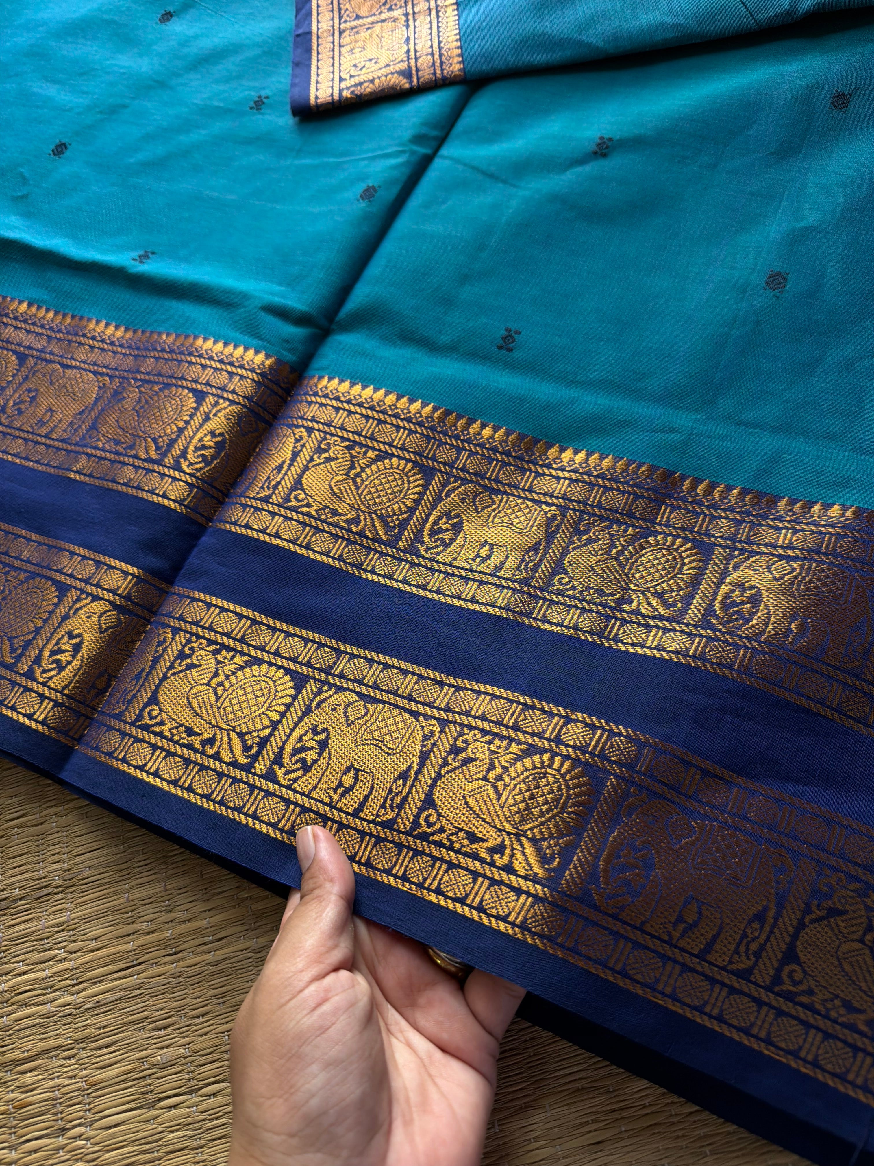 RF700 Peacock blue shade Kanchi cotton saree with Rettapet border & handmade thread buttas