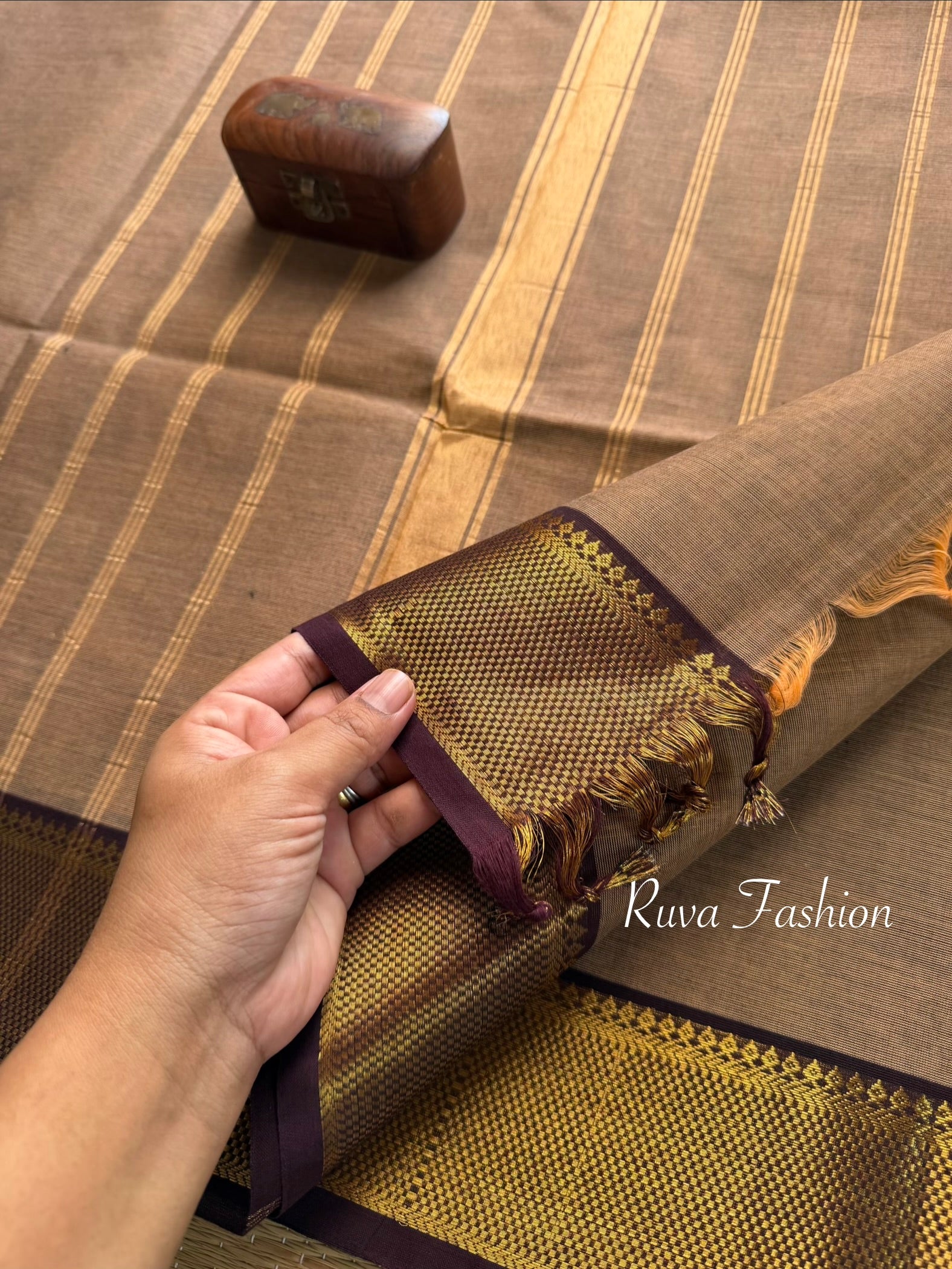 RF52 Dual Tone Biscuit Shade Kanchi cotton saree with dark brown border