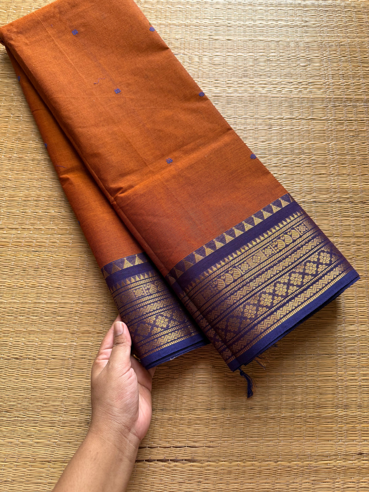 Orange with royal blue combination Kanchi cotton saree with handmade thread buttas