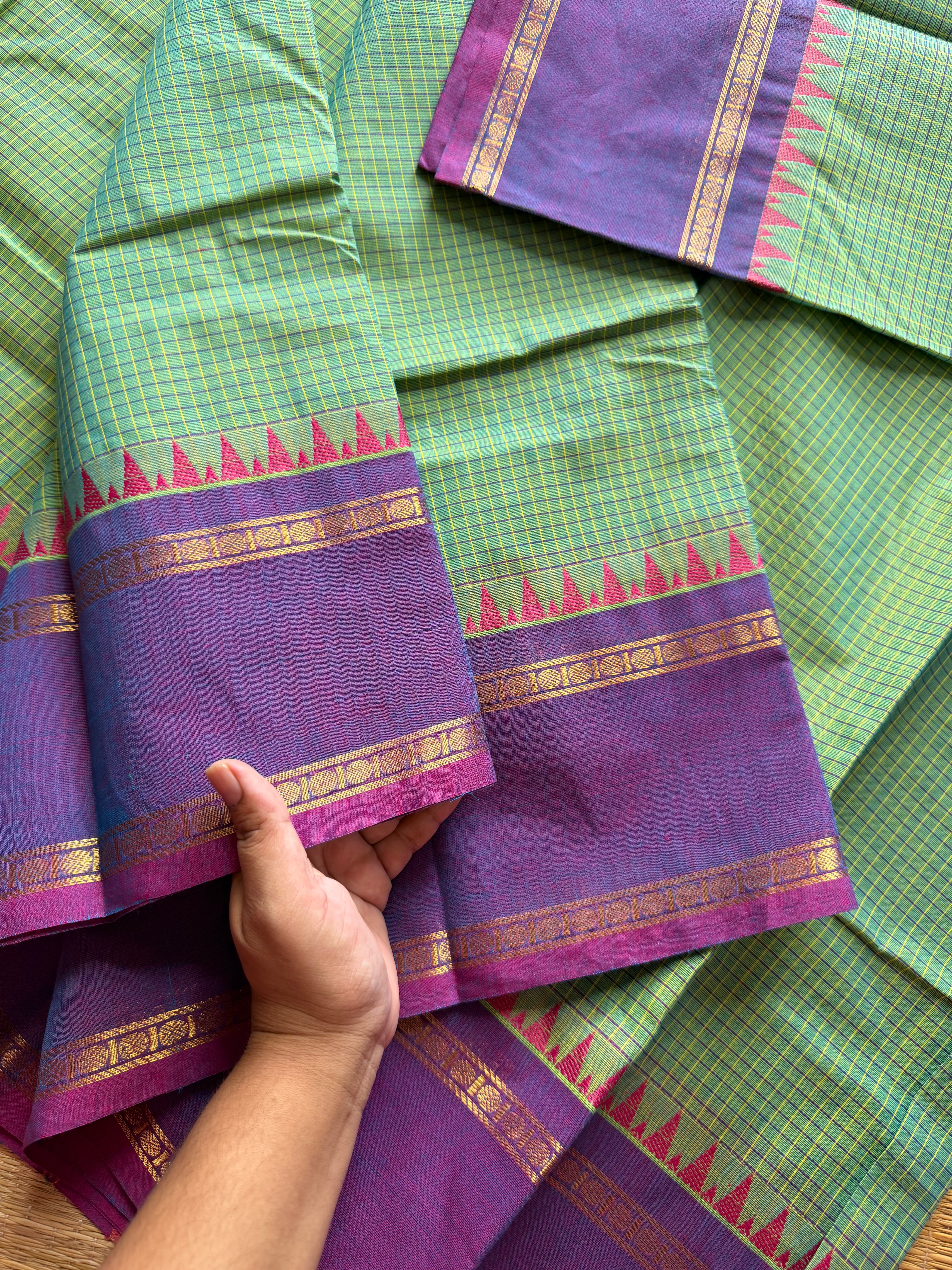 RF342 Dual tone Apple green with light purple combination vintage border Podi Kattam Kanchi cotton saree