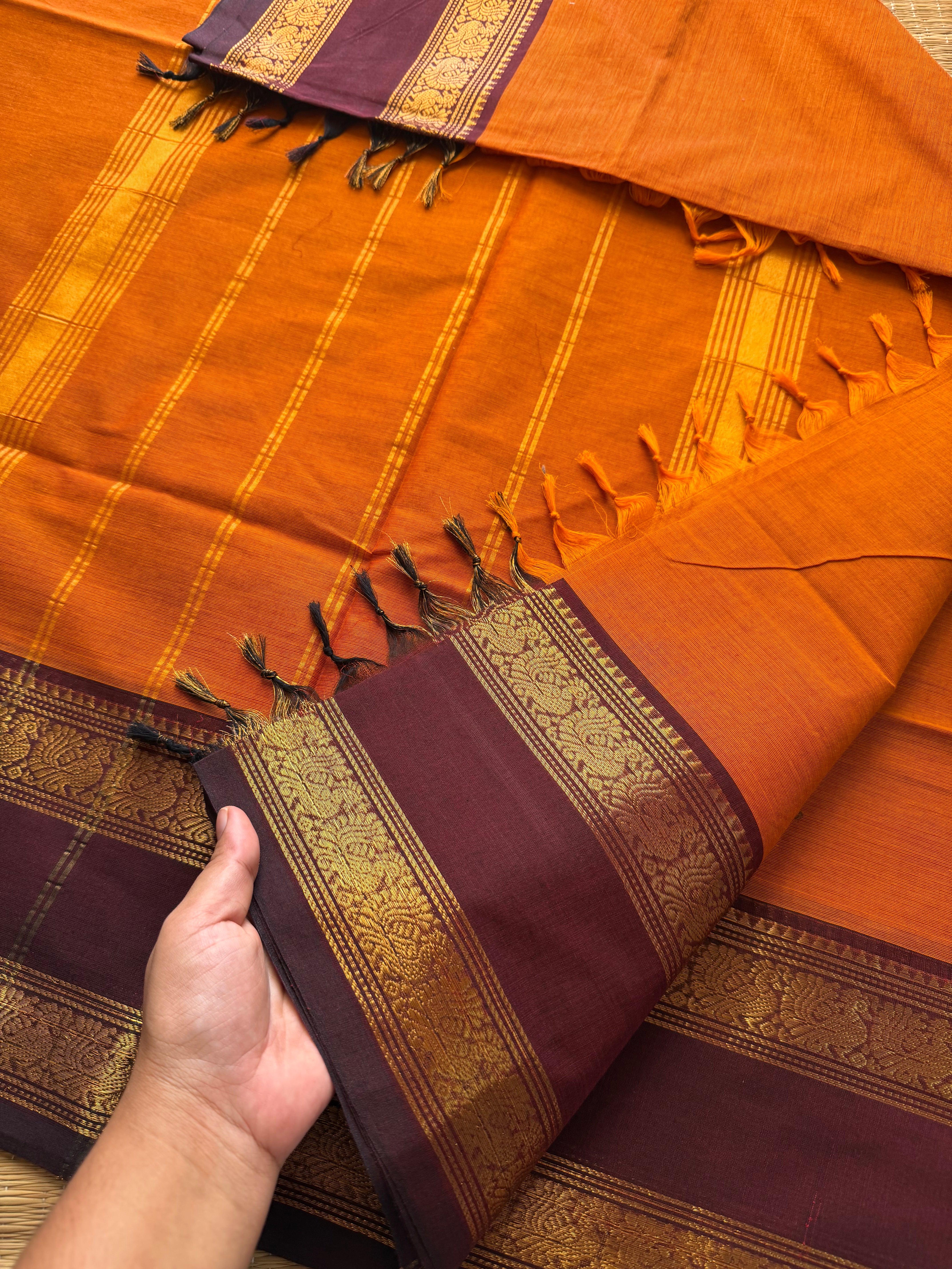RF244 Orange with brown combination silk saree inspired Kanchi cotton Rettapet border saree with Annam pattern