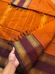 RF244 Orange with brown combination silk saree inspired Kanchi cotton Rettapet border saree with Annam pattern