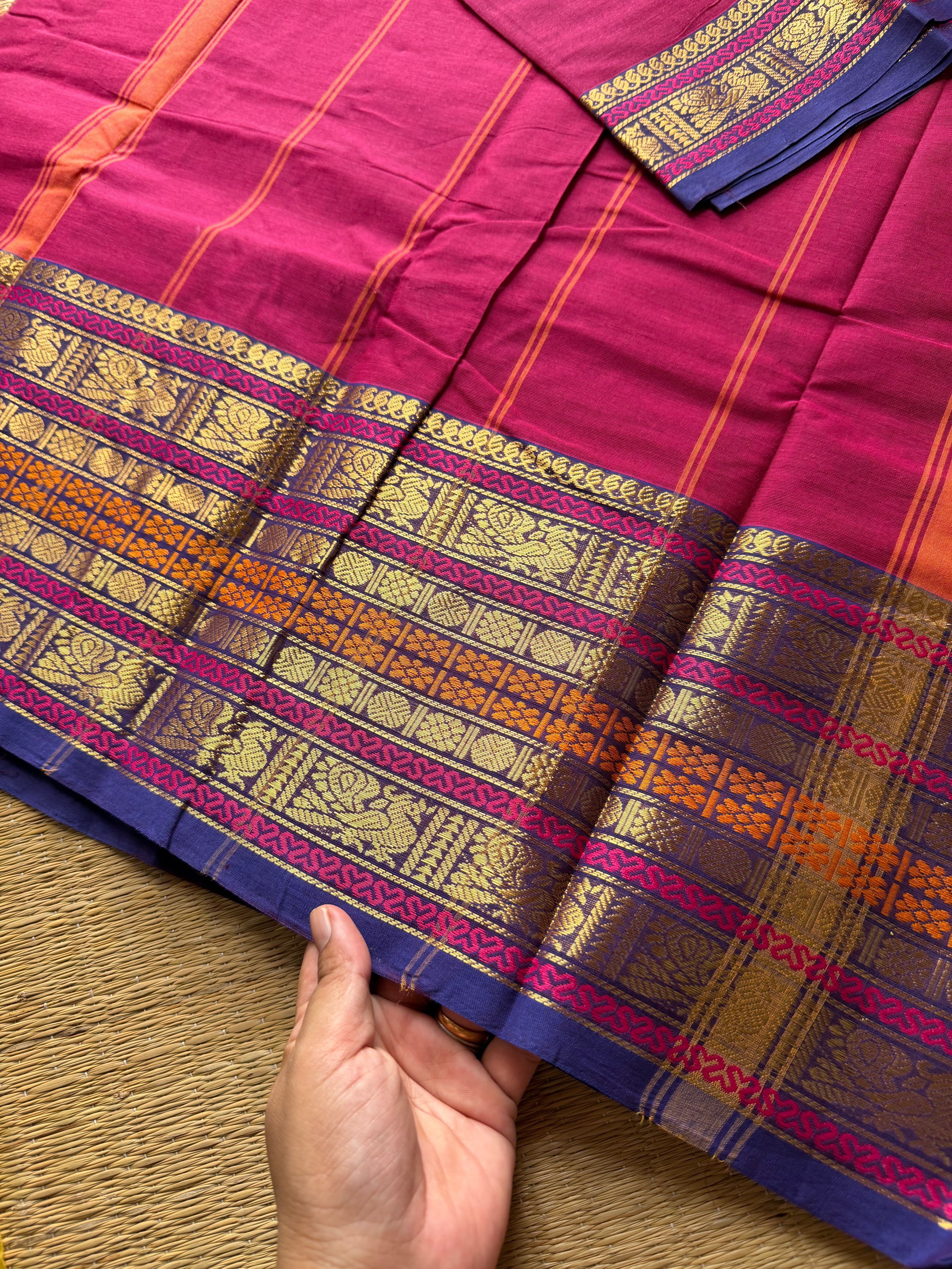 RF528 Magenta pink with contrast royal blue combination silk saree inspired varisaipet border Kanchi cotton saree