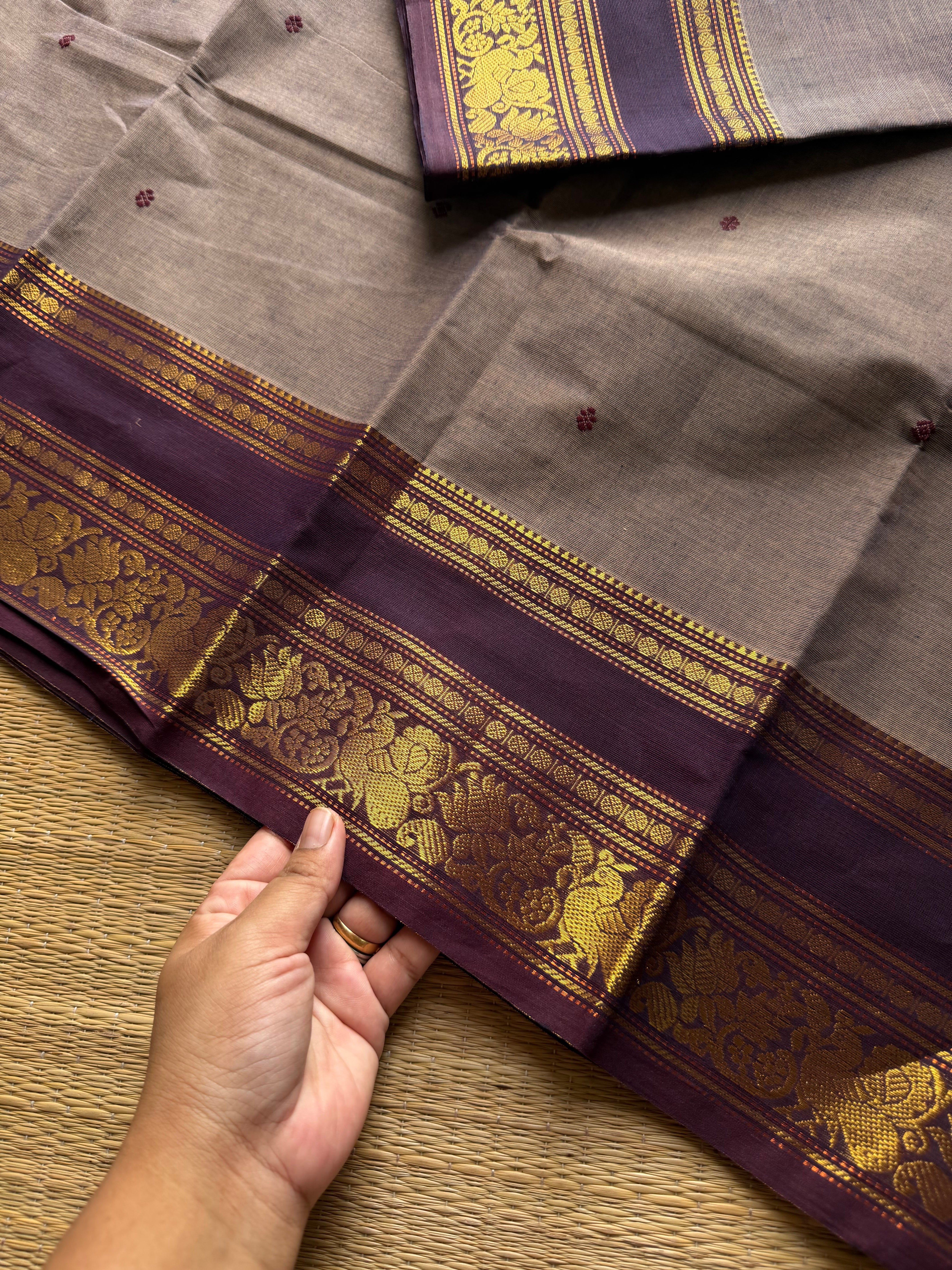 RF1196 Dual tone grey shade Kanchi cotton saree with handmade thread buttas
