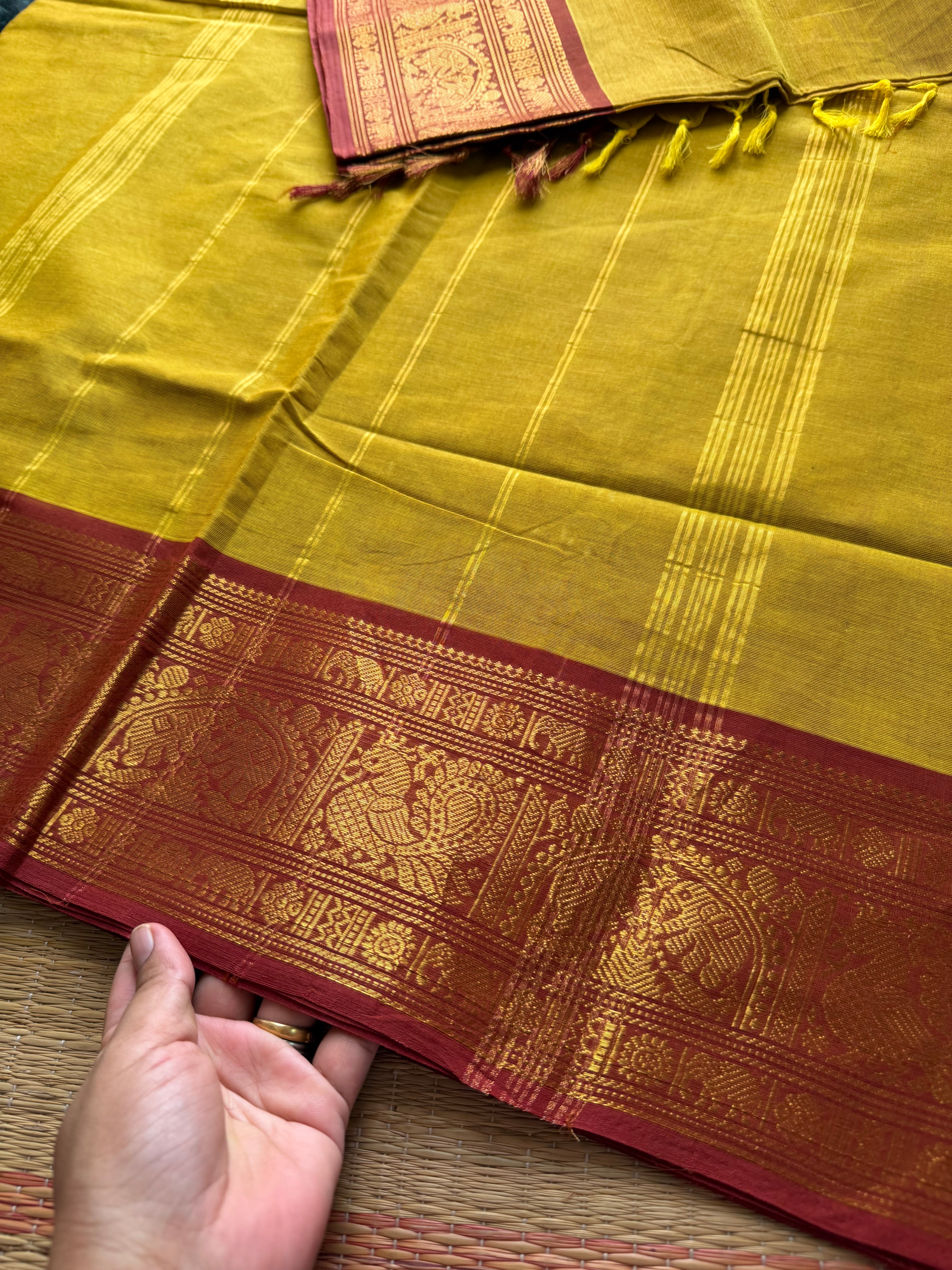 RF554 Mustard yellow Kanchi cotton saree with Annam and elephant pattern contrast border