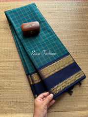 Peacock Blue Shade Checks / Kattam Kanchi Cotton Saree