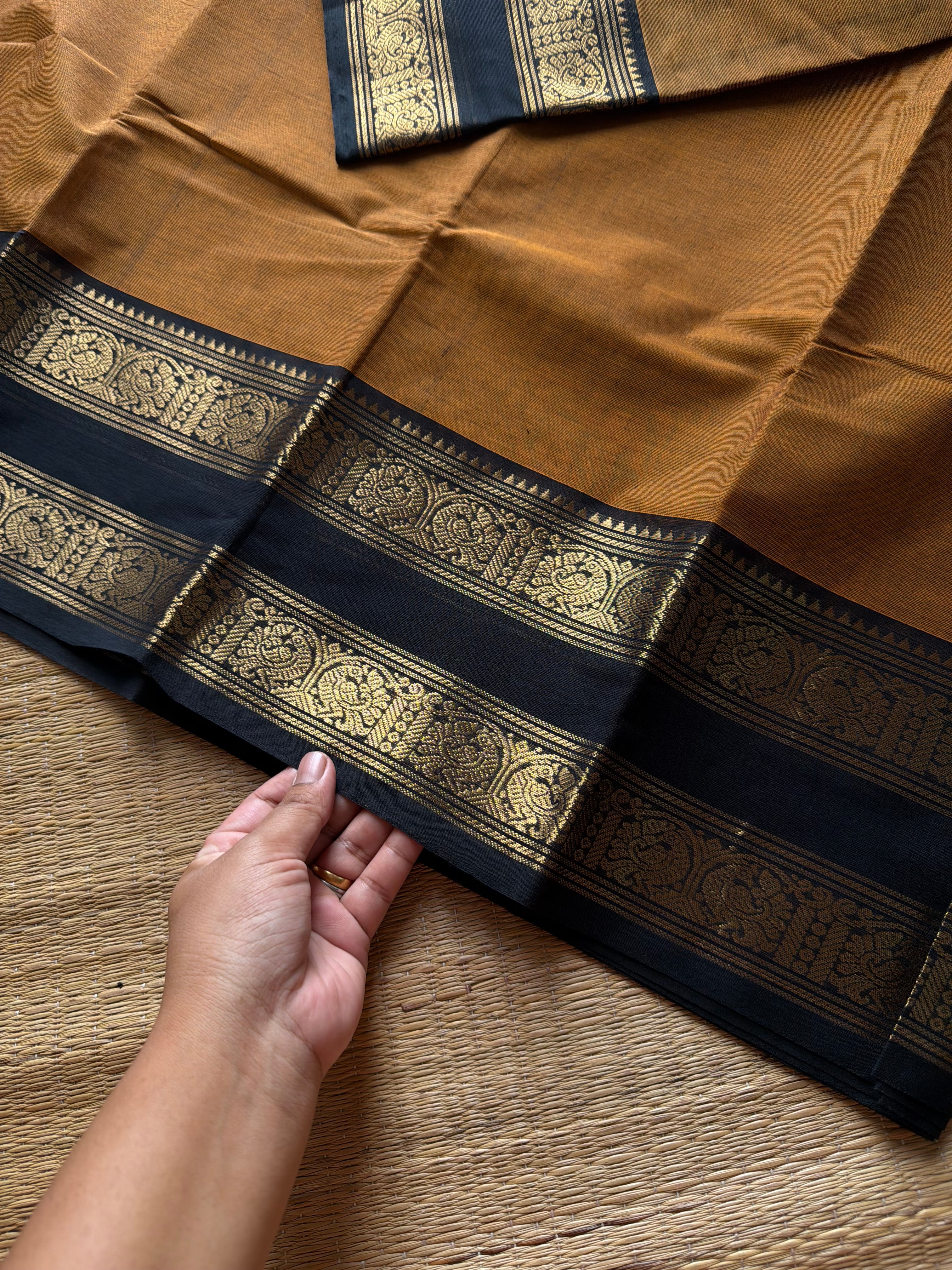 RF1064 Mustard with black Kanchi cotton saree with gap border