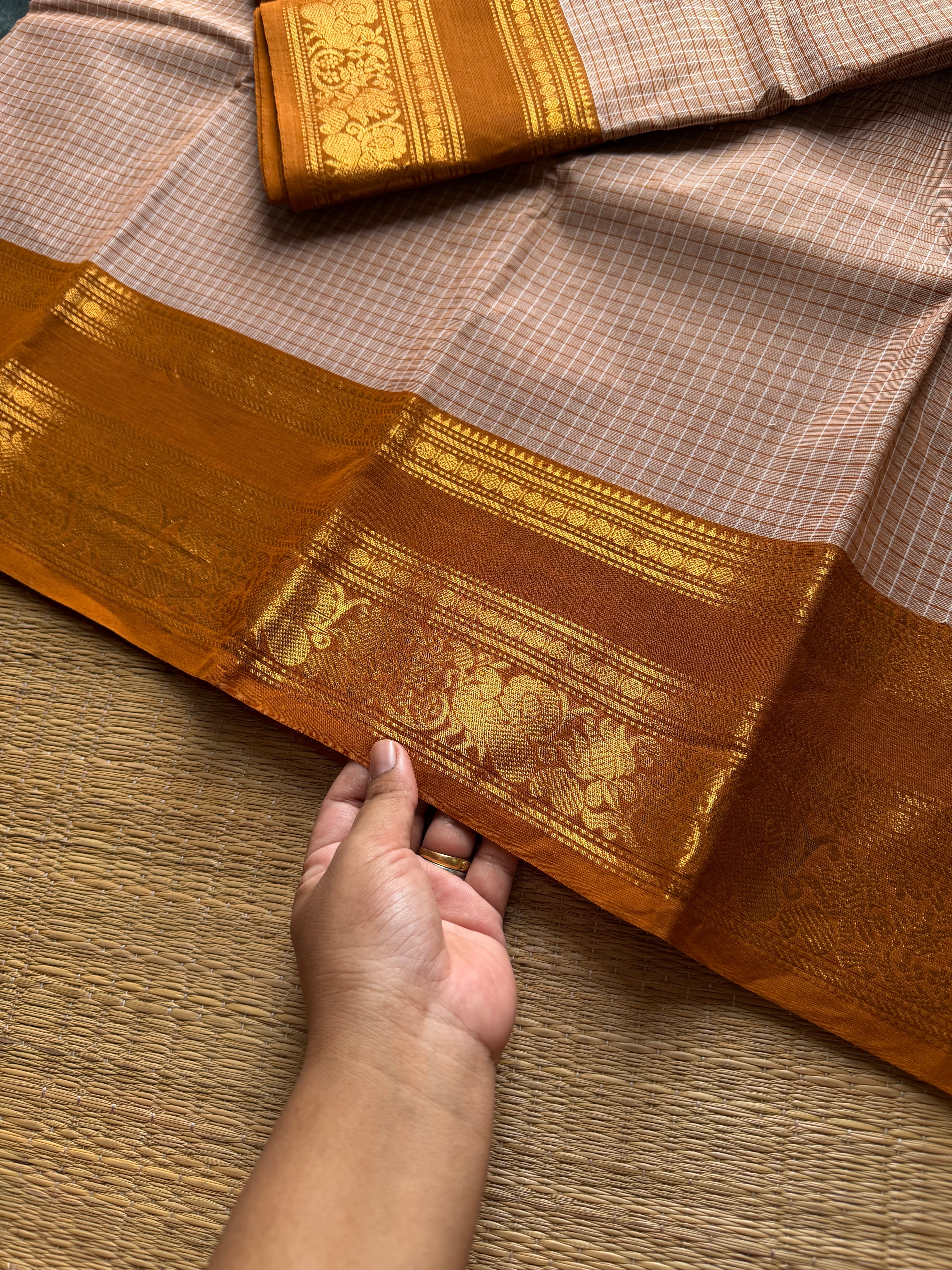 RF987 Beige shade ~ Premium Vintage Kattam / checks Kanchi cotton saree with silk saree inspired annam & floral pattern border