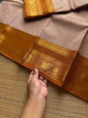 RF987 Beige shade ~ Premium Vintage Kattam / checks Kanchi cotton saree with silk saree inspired annam & floral pattern border