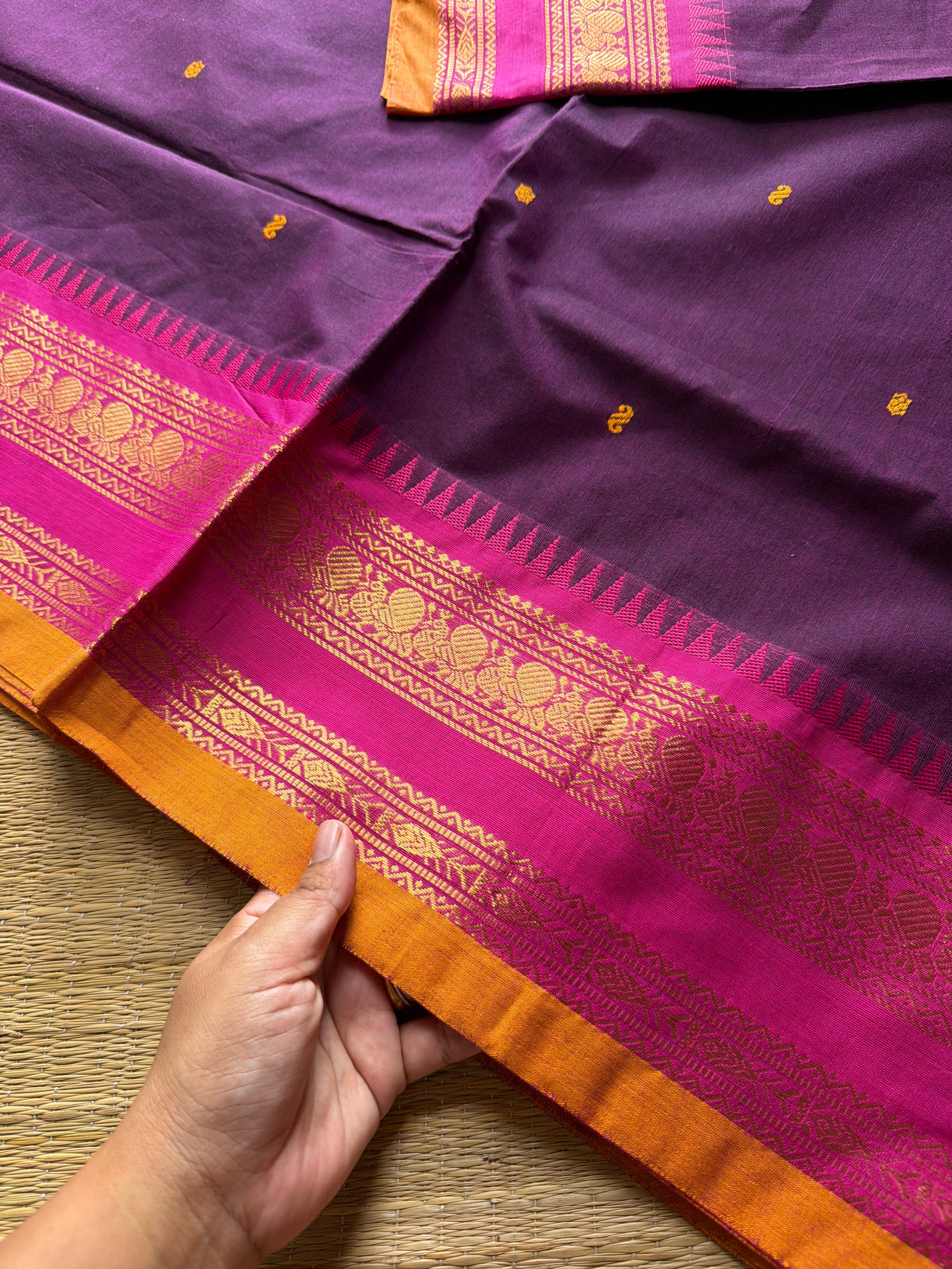 RF913 Purple ~ Kanchi cotton saree with handmade thread buttas