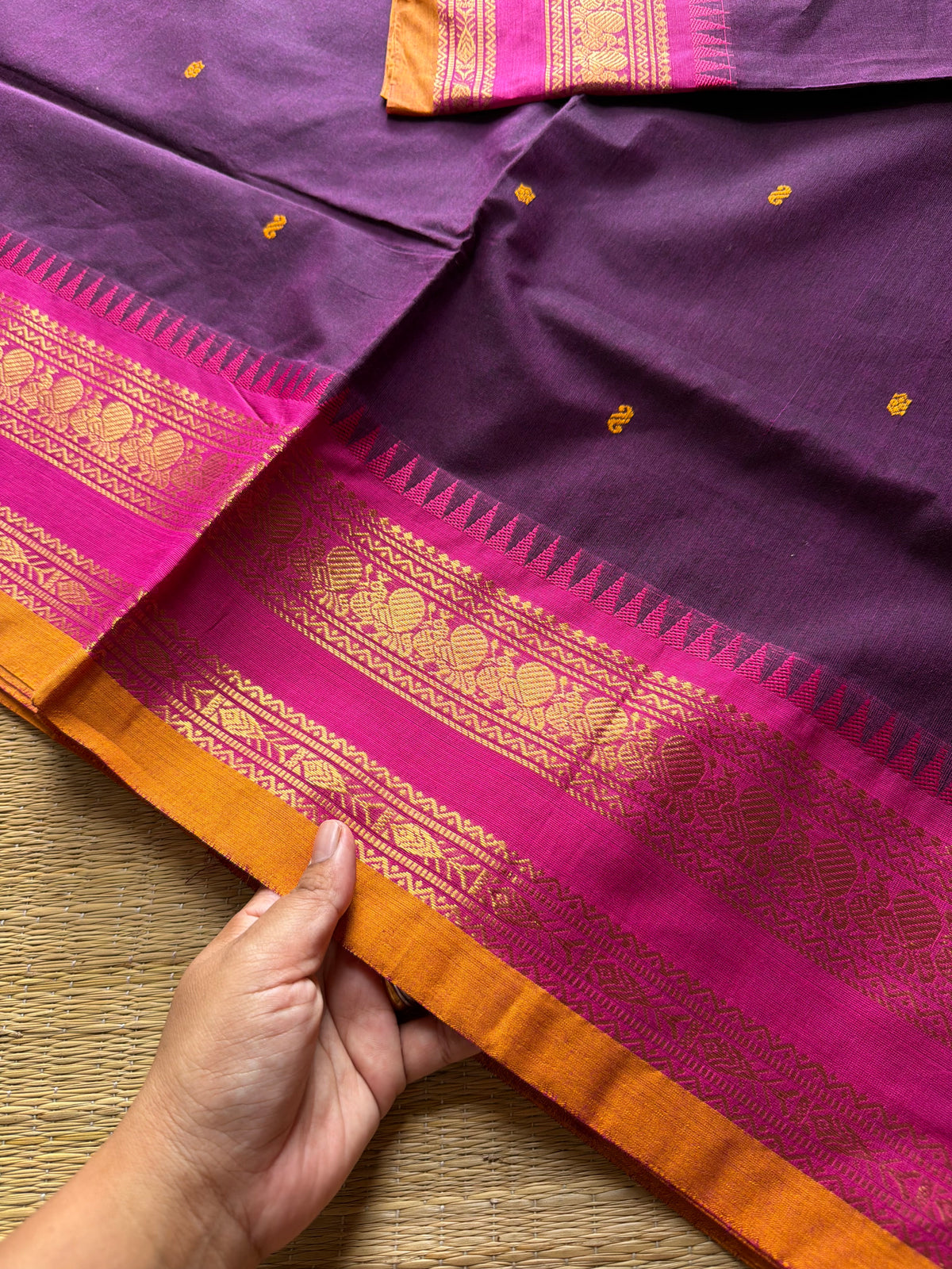 RF913 Purple ~ Kanchi cotton saree with handmade thread buttas