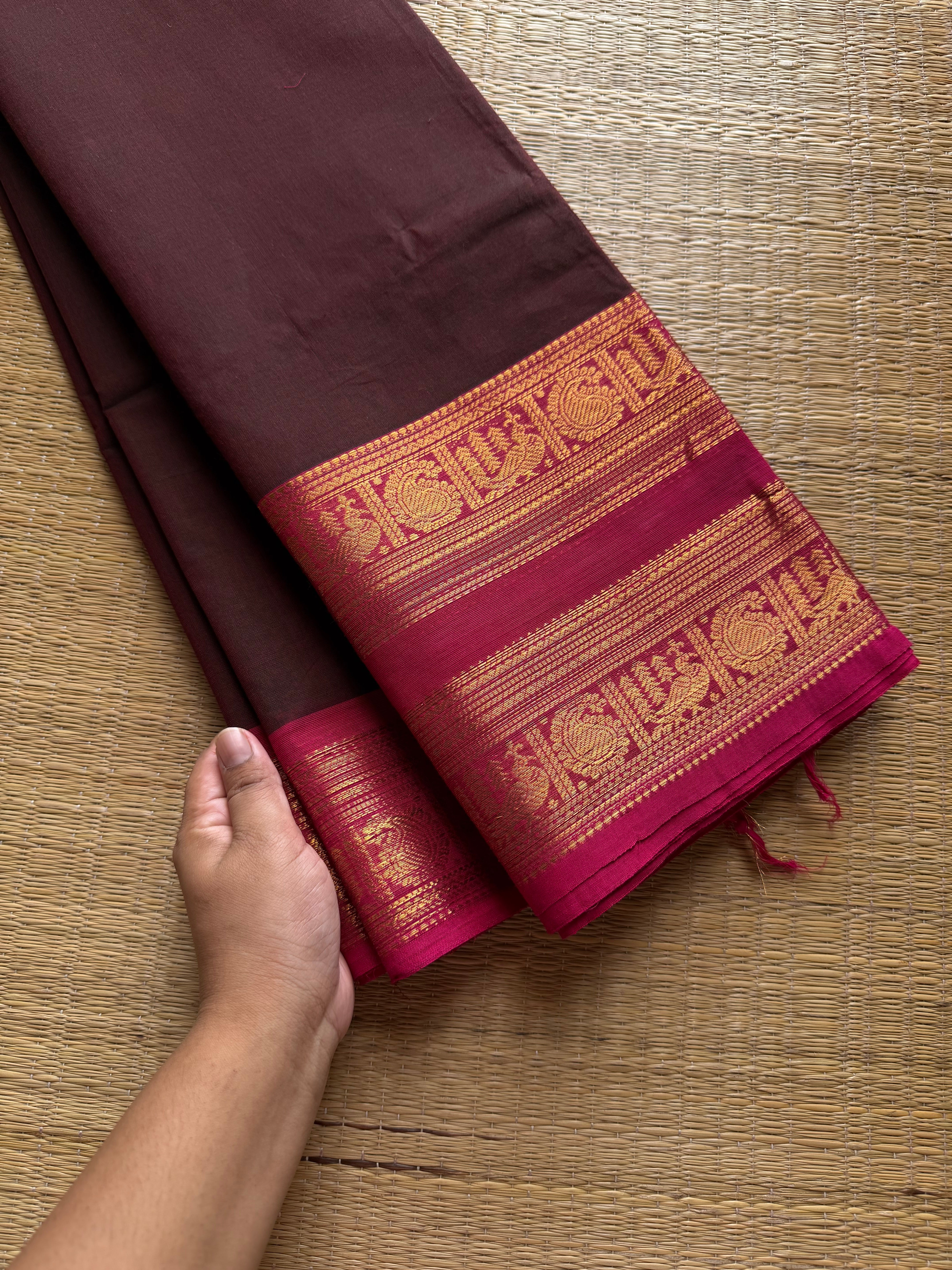Brown shade Kanchi cotton saree with contrast Rettapet border