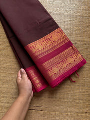 Brown shade Kanchi cotton saree with contrast Rettapet border