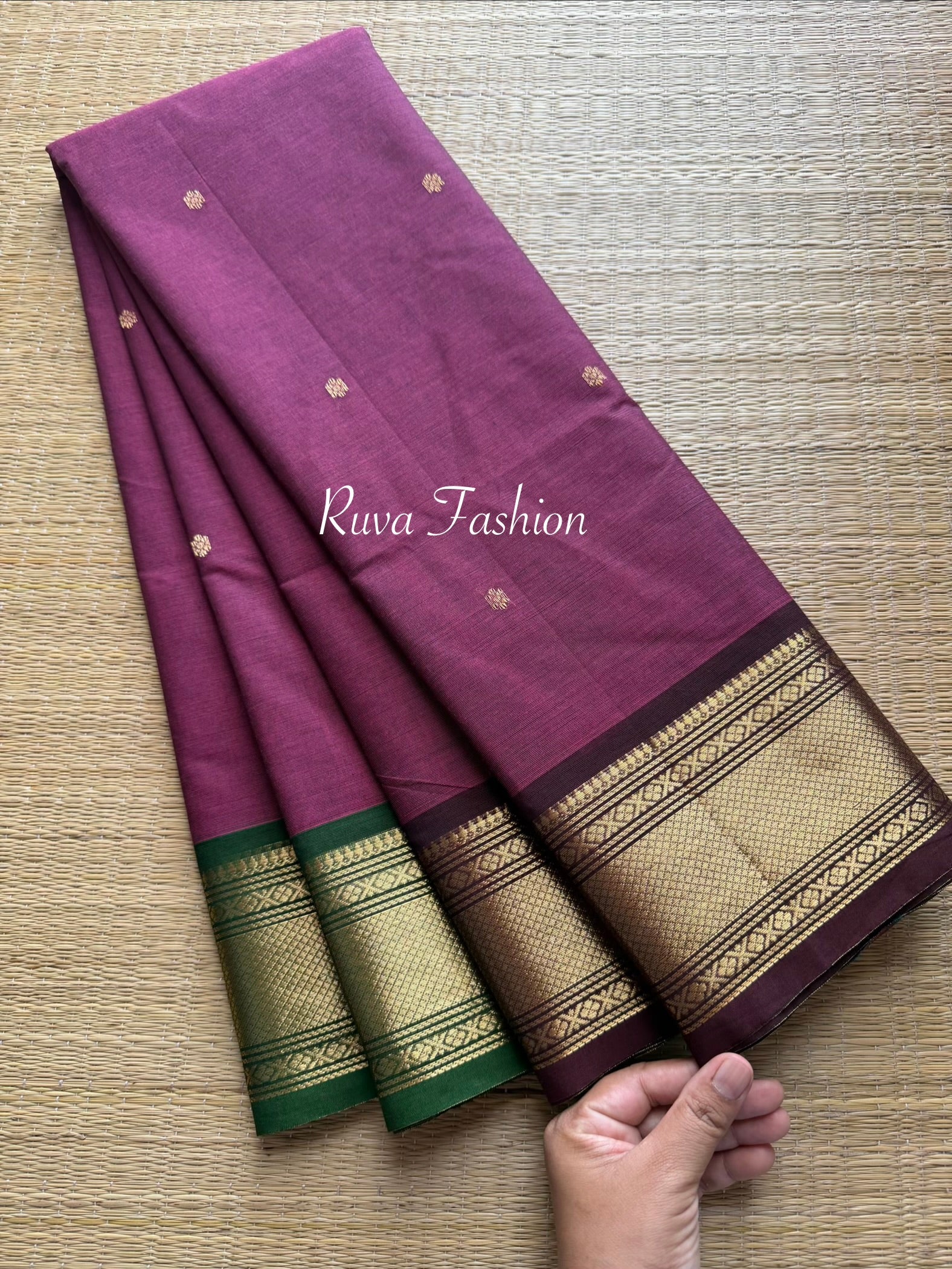 Dark Mauve Pink Shade Kanchi Cotton Saree With Ganga Jamuna Border and handmade golden Zari Buttas