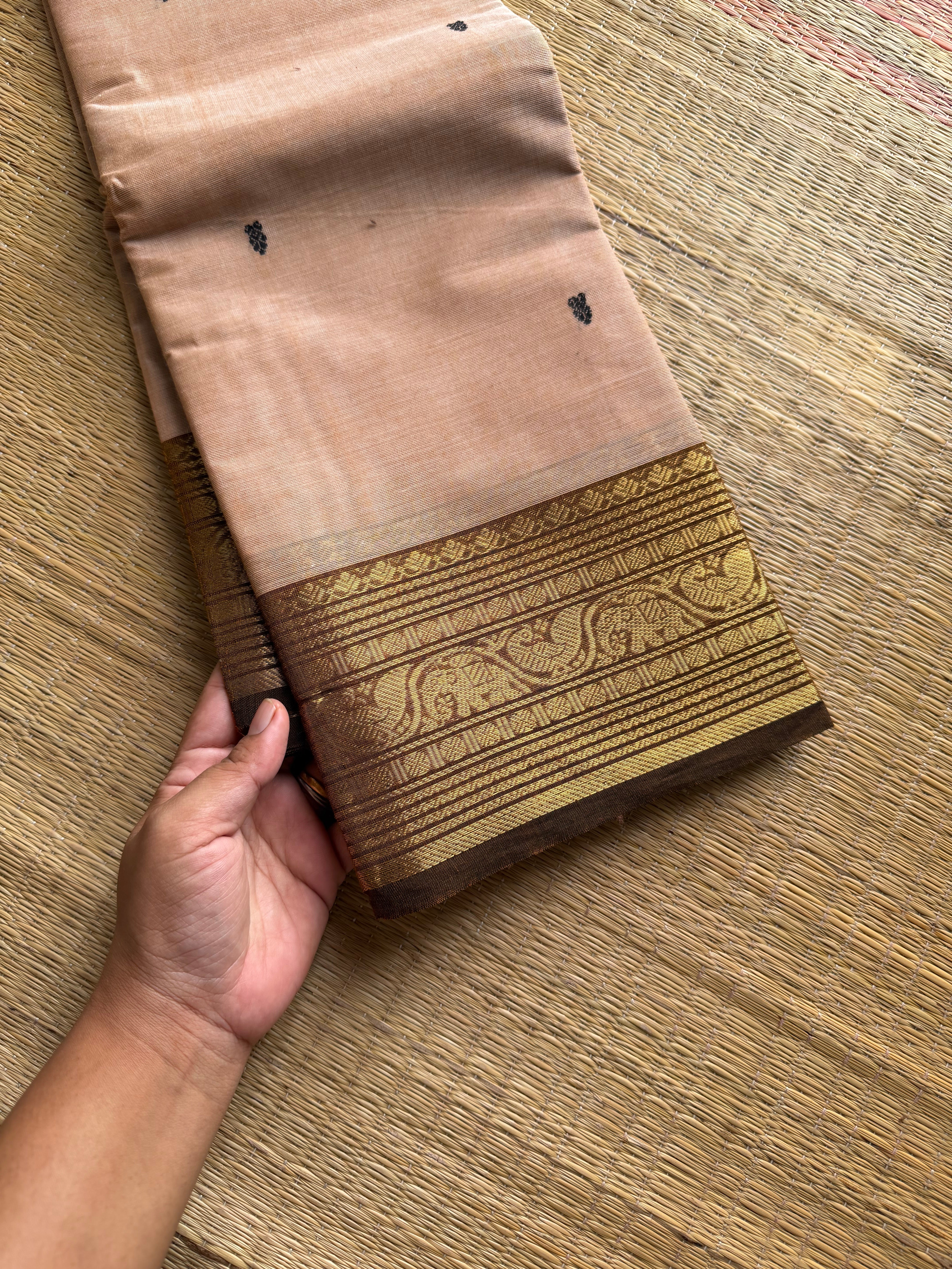 RF1164 Beige shade Kanchi cotton saree with handmade thread buttas
