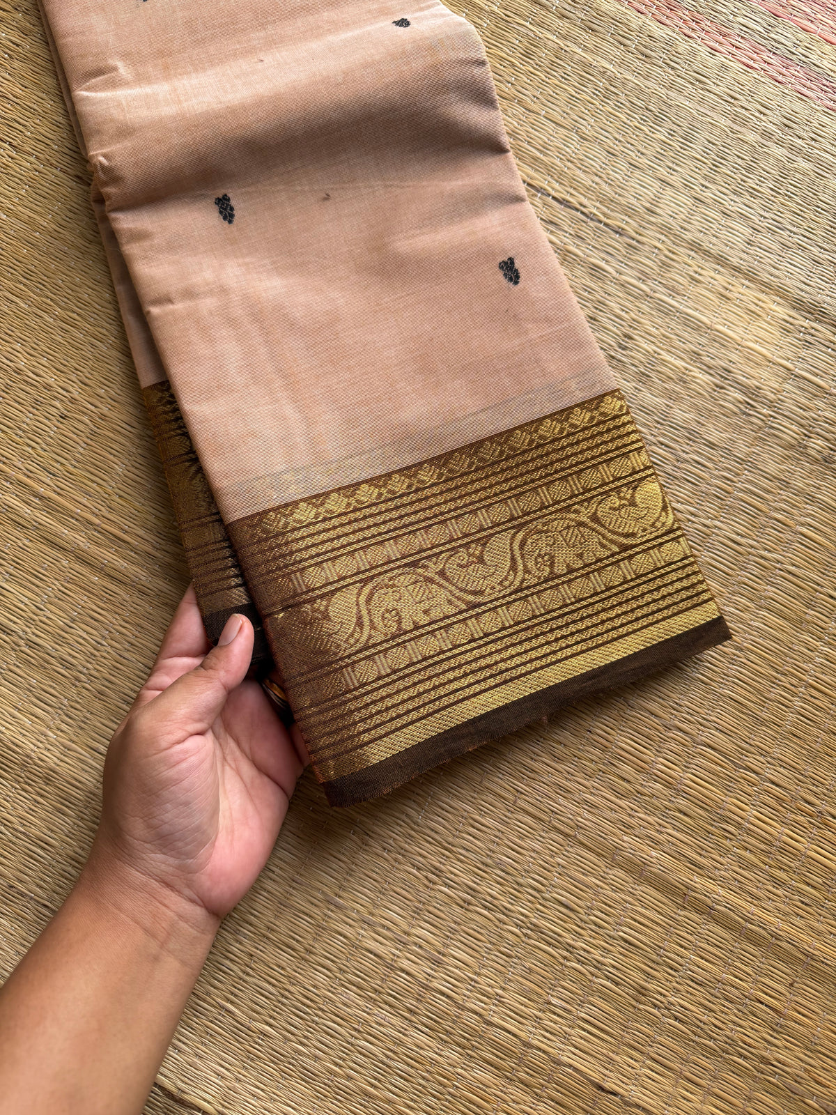 RF1164 Beige shade Kanchi cotton saree with handmade thread buttas