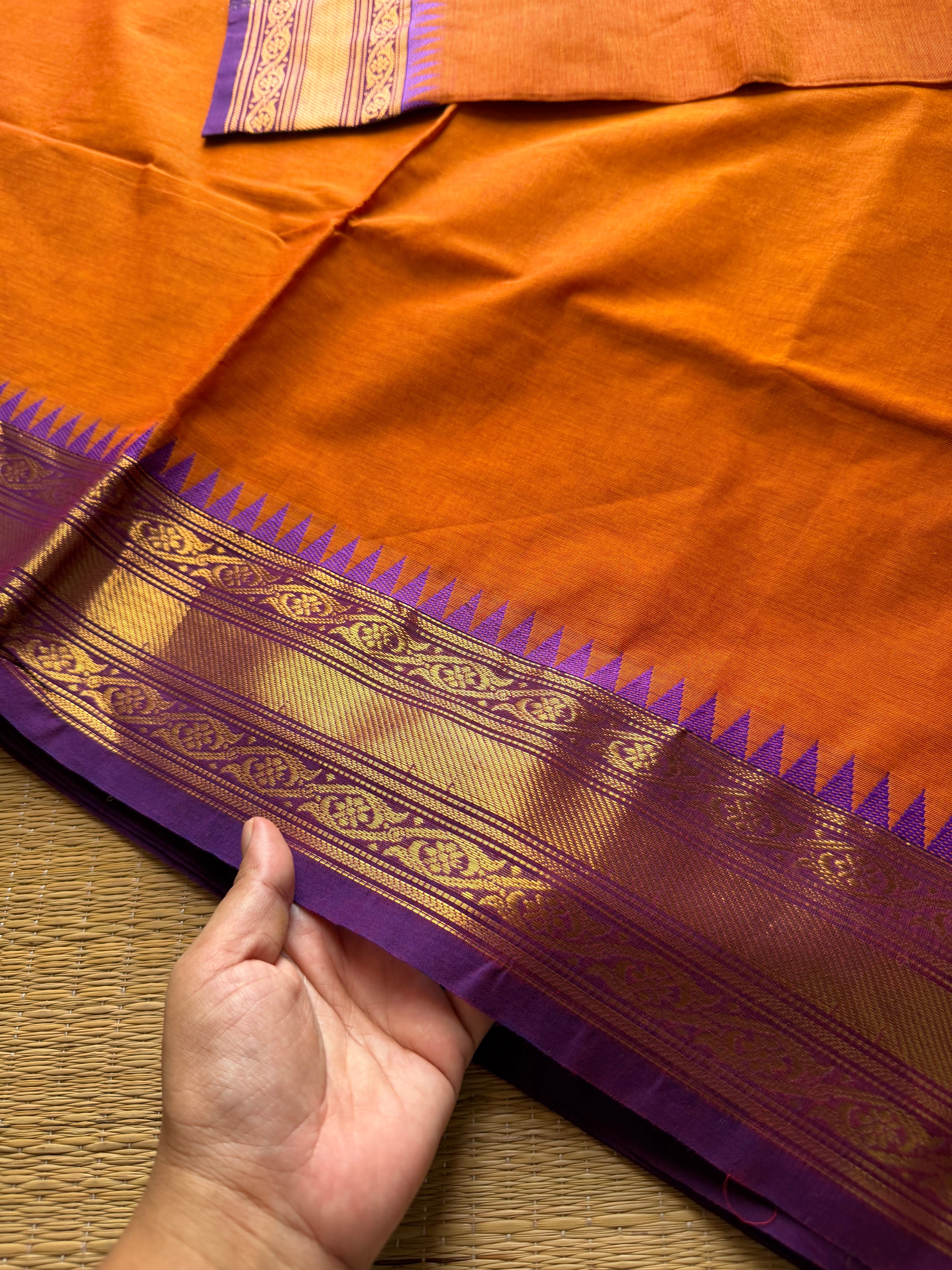 RF711 Orange with purple ~ Medium Size Border Kanchi Cotton Saree