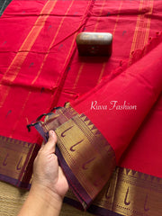 RF49 Reddish Maroon with dark purple shade paithani border Kanchi cotton saree with handmade thread buttas