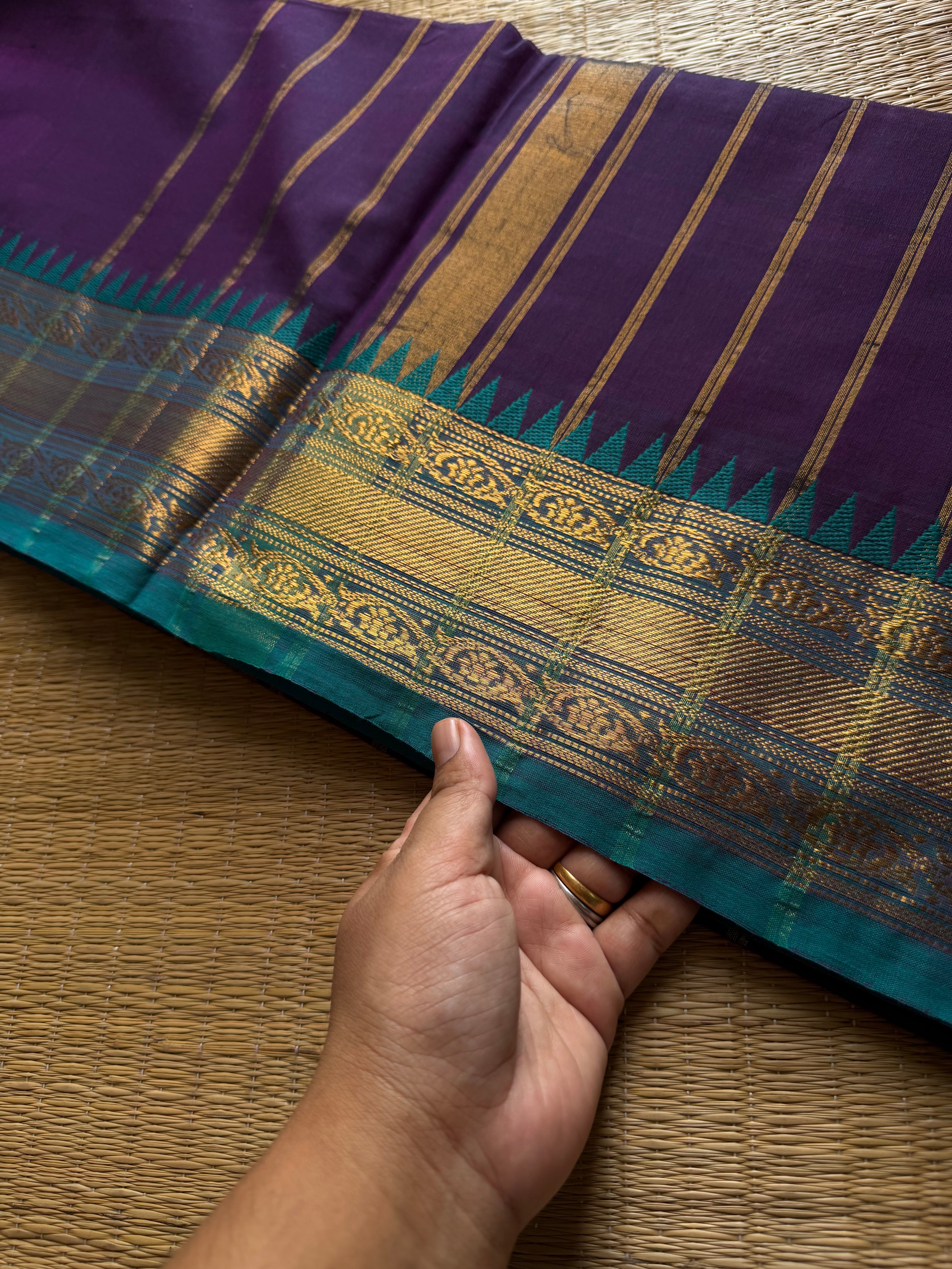 RF709 Purple with teal blue shade ~  Medium Size Border Kanchi Cotton Saree