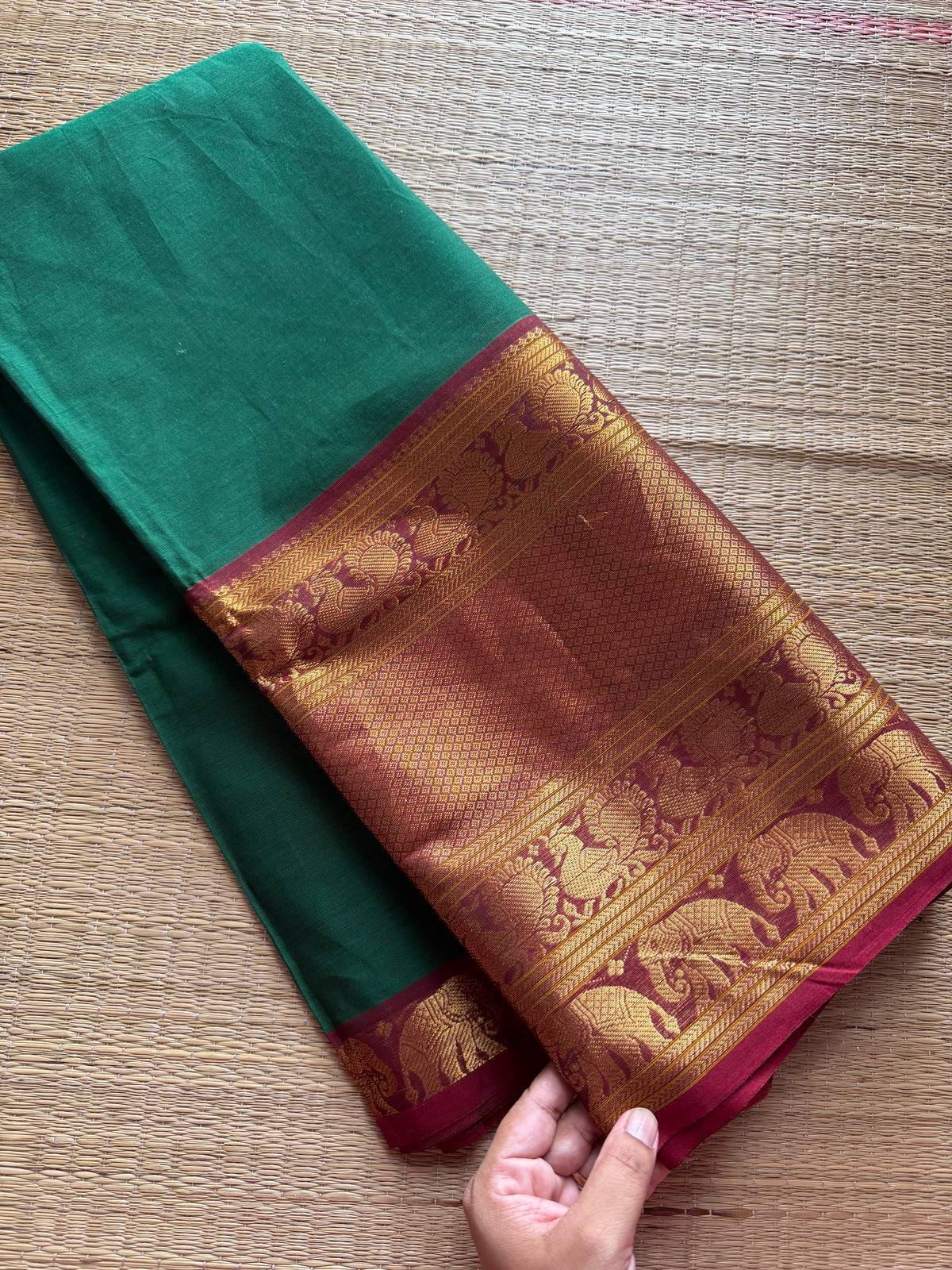 RF235 Green with maroon combination Kanchi cotton saree with big zari border