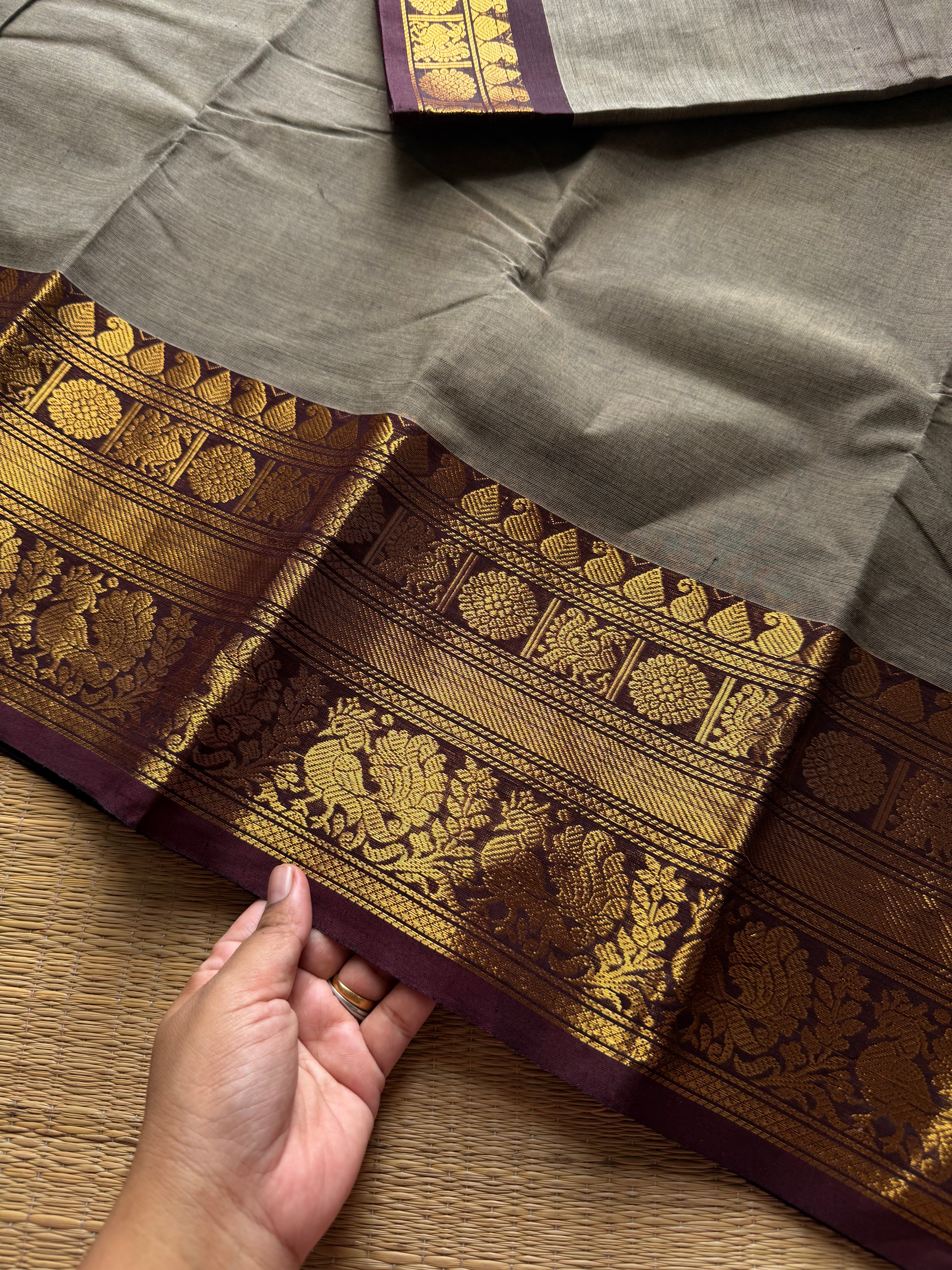RF1306 Beige & Grey mixed shade with brown Kanchi cotton saree  ~ silk saree inspired border