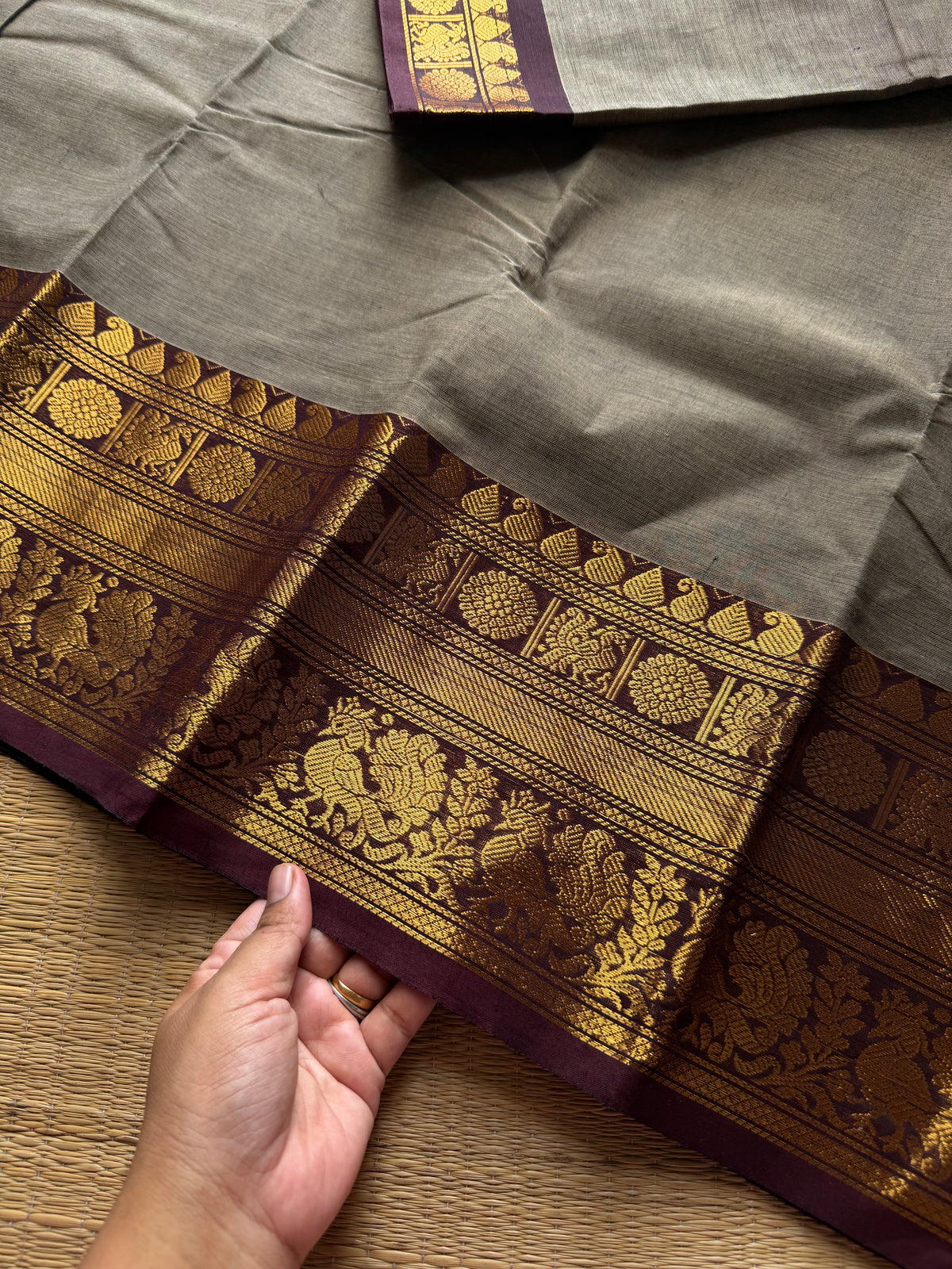 RF1306 Beige & Grey mixed shade with brown Kanchi cotton saree  ~ silk saree inspired border