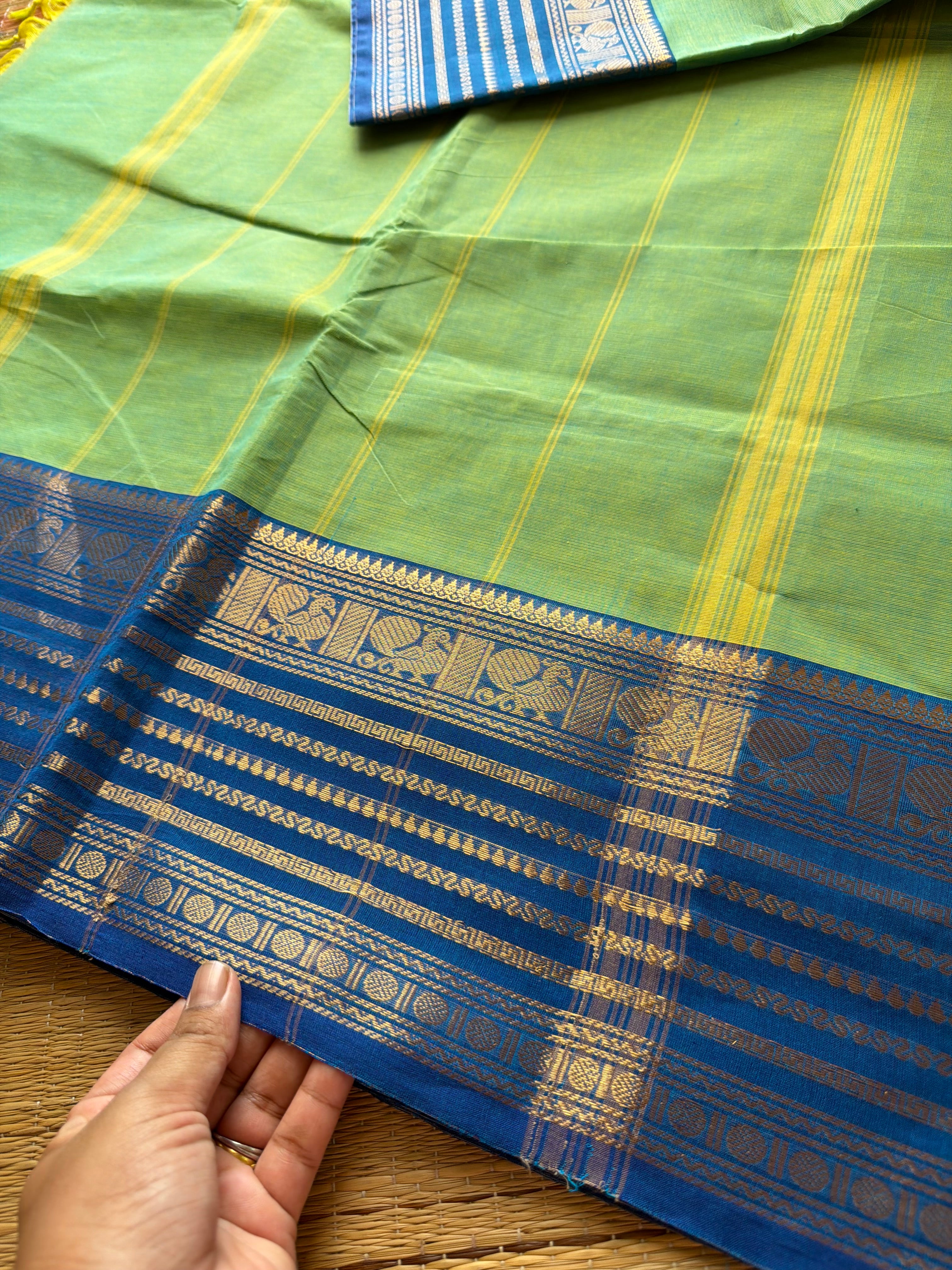 Dual tone Apple green with blue combination Kanchi cotton saree with Varisaipet Border