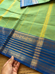 Dual tone Apple green with blue combination Kanchi cotton saree with Varisaipet Border