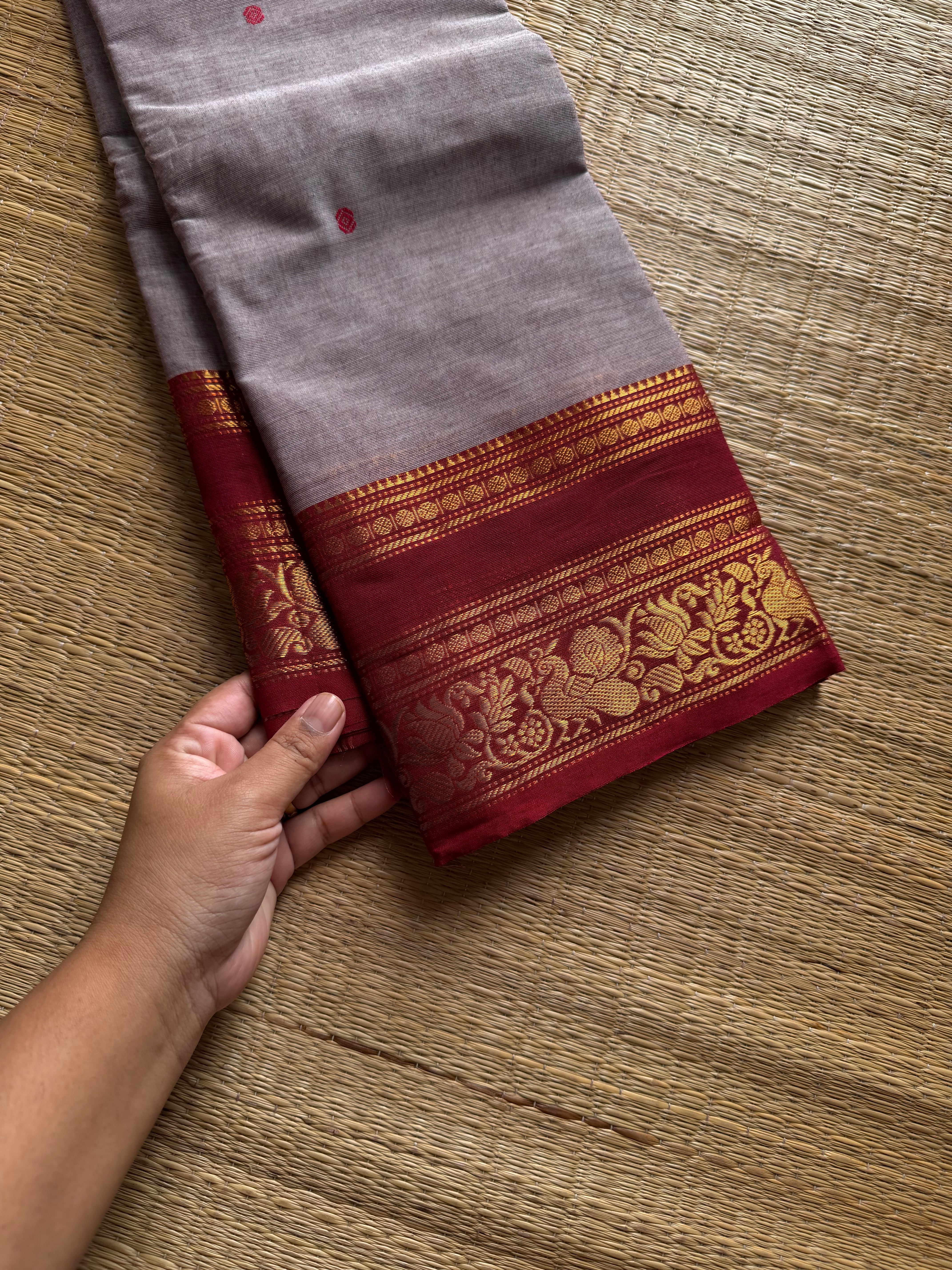 RF1347 Light grey shade Kanchi cotton saree with handmade thread buttas