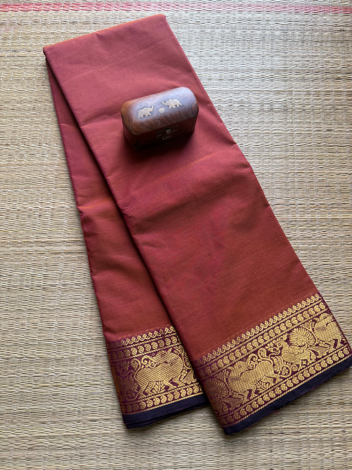 Dual Tone Rust Orange Shade Kanchi Cotton Saree With Vanasingaram Border