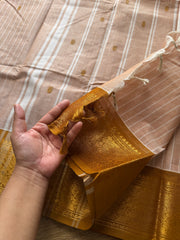 RF432 Premium Kanchi Cotton Saree in Beige and Mustard | Striped Pattern with Handmade Thread Buttas and Vanasingaram Border