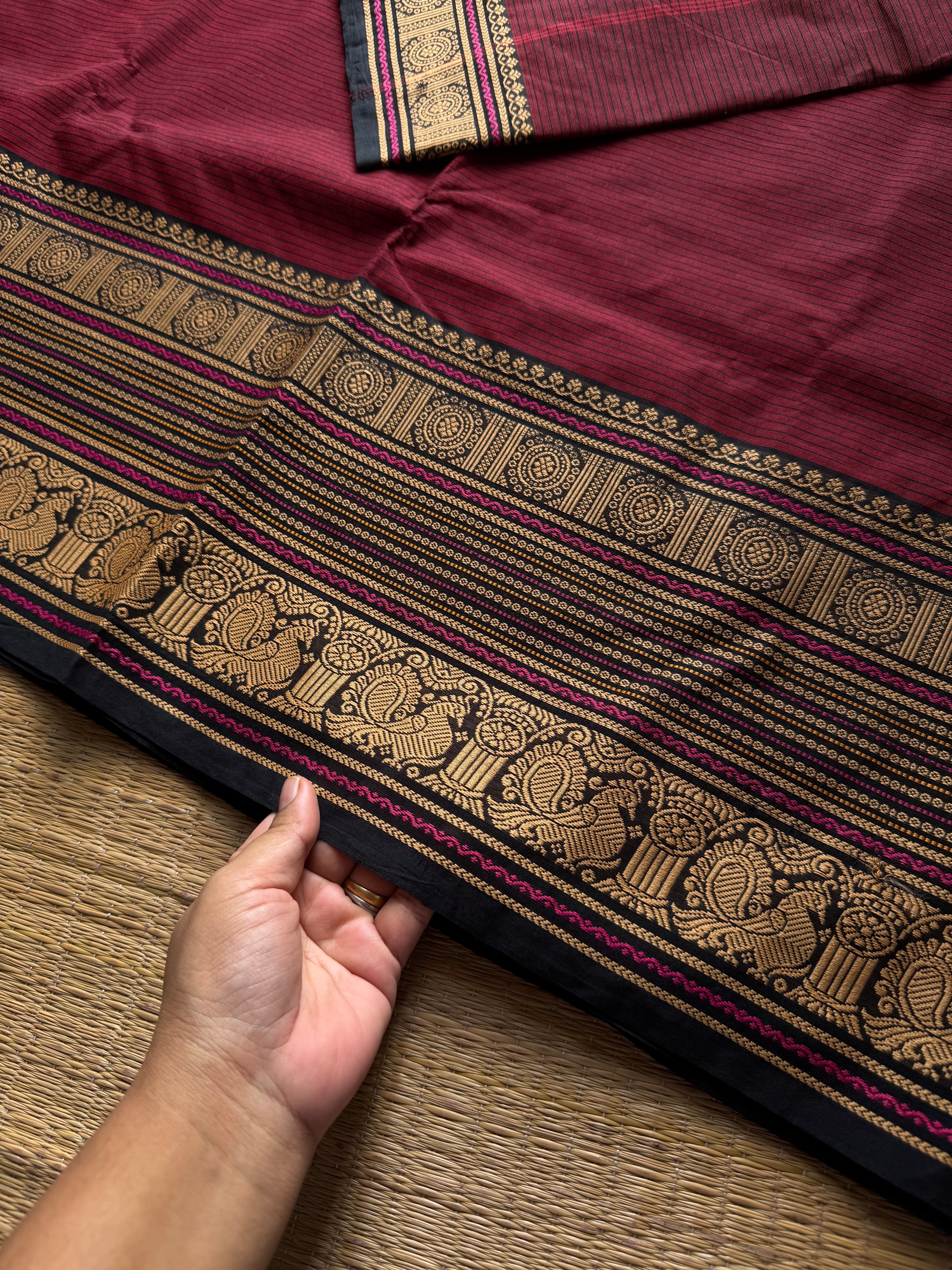 RF1420 Reddish maroon with black thread border Kanchi cotton saree
