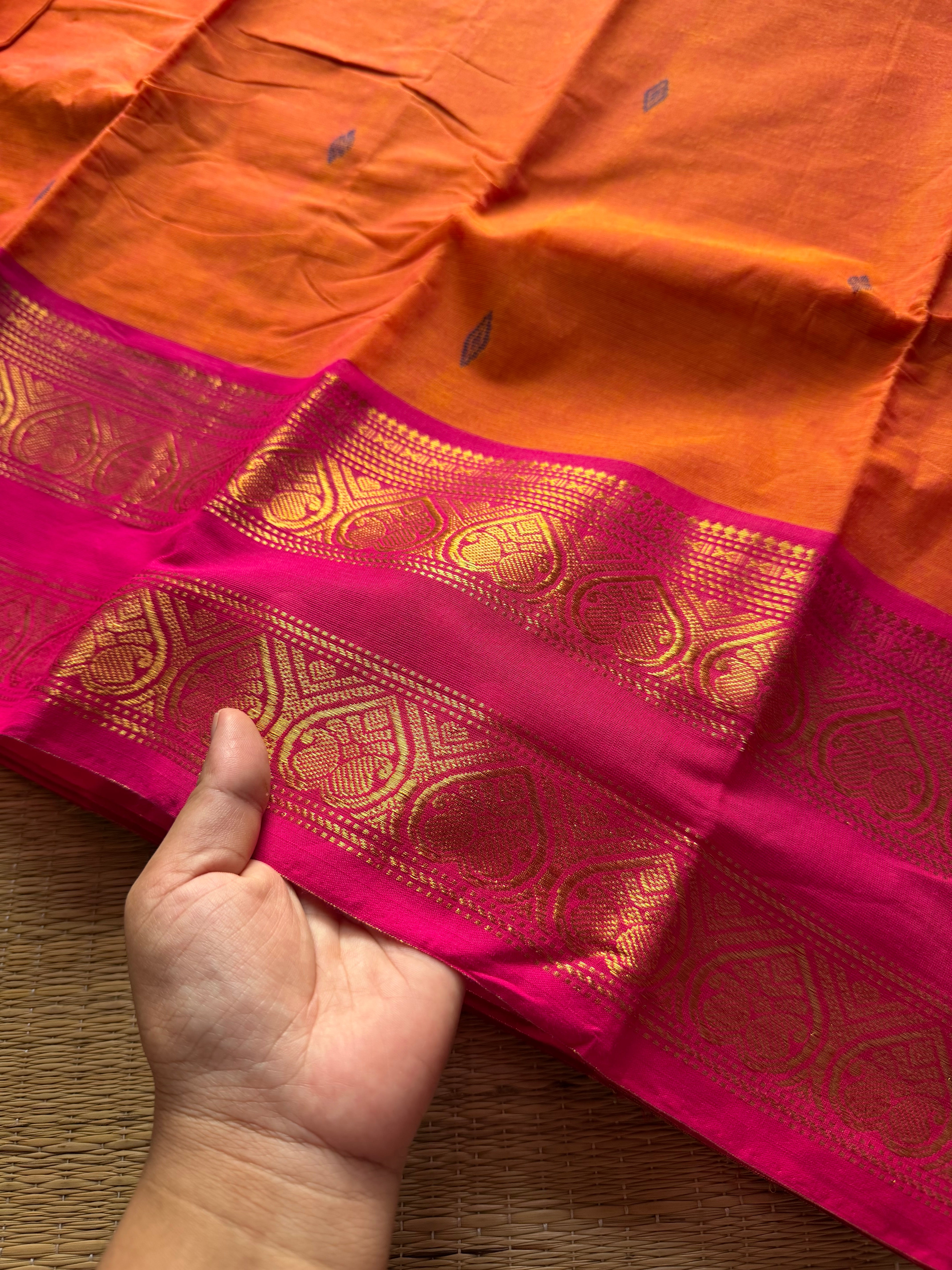RF201 Orange with pink combination Rettapet border Kanchi cotton saree with handmade thread buttas