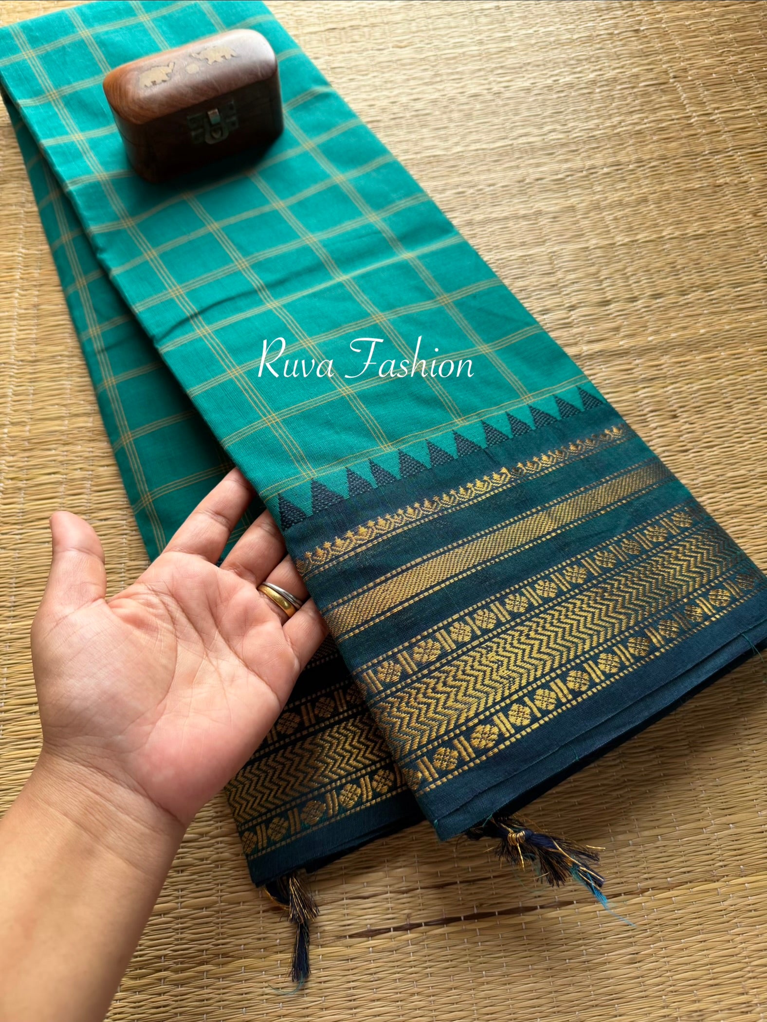Rama Blue Shade Checks /Kattam Pattern Kanchi Cotton Saree
