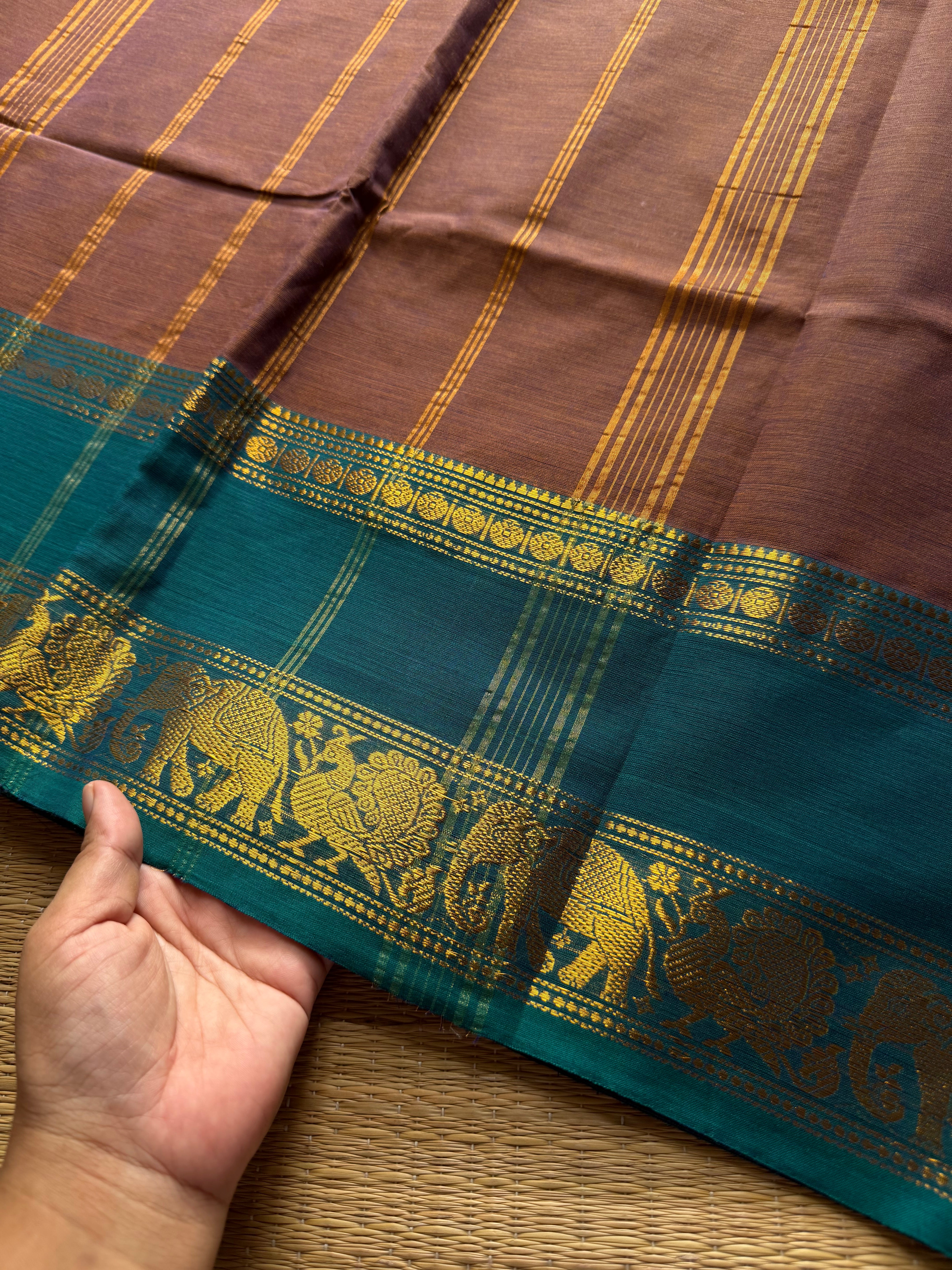 RF768 Dual tone Kanchi Cotton Sarees with silk saree inspired Annam & elephant pattern gap border