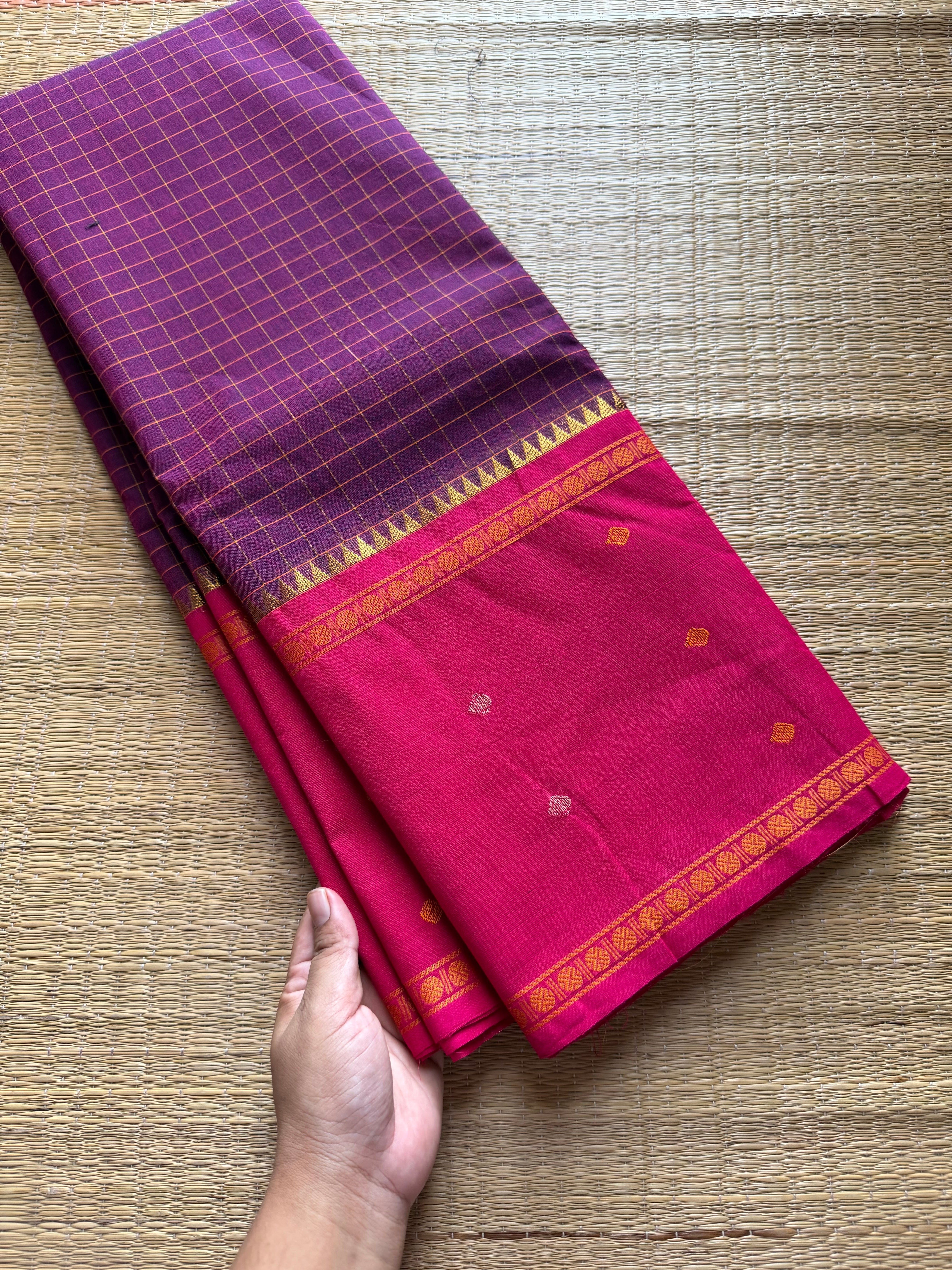 Purple shade Vintage Border Kanchi Cotton Saree With kattam / checks pattern & handwoven Buttas on the border