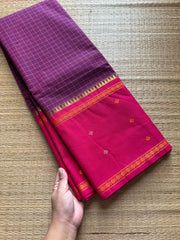 Purple shade Vintage Border Kanchi Cotton Saree With kattam / checks pattern & handwoven Buttas on the border