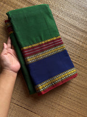 RF1310 Green Mercerised soft Narayanpet cotton saree with vintage gap border