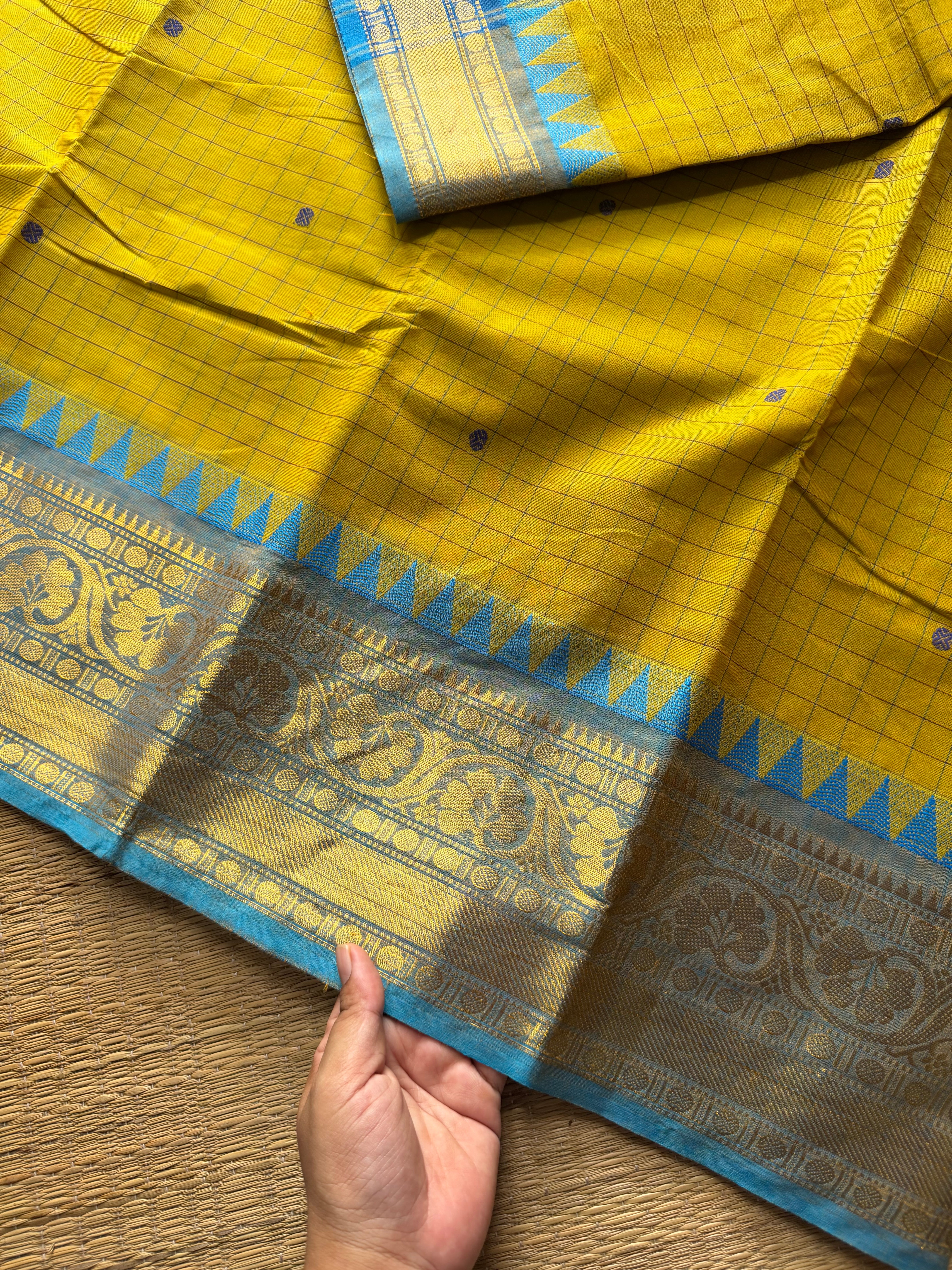 RF385 Yellow with sky blue combination Kanchi cotton saree with checks pattern and handmade thread buttas
