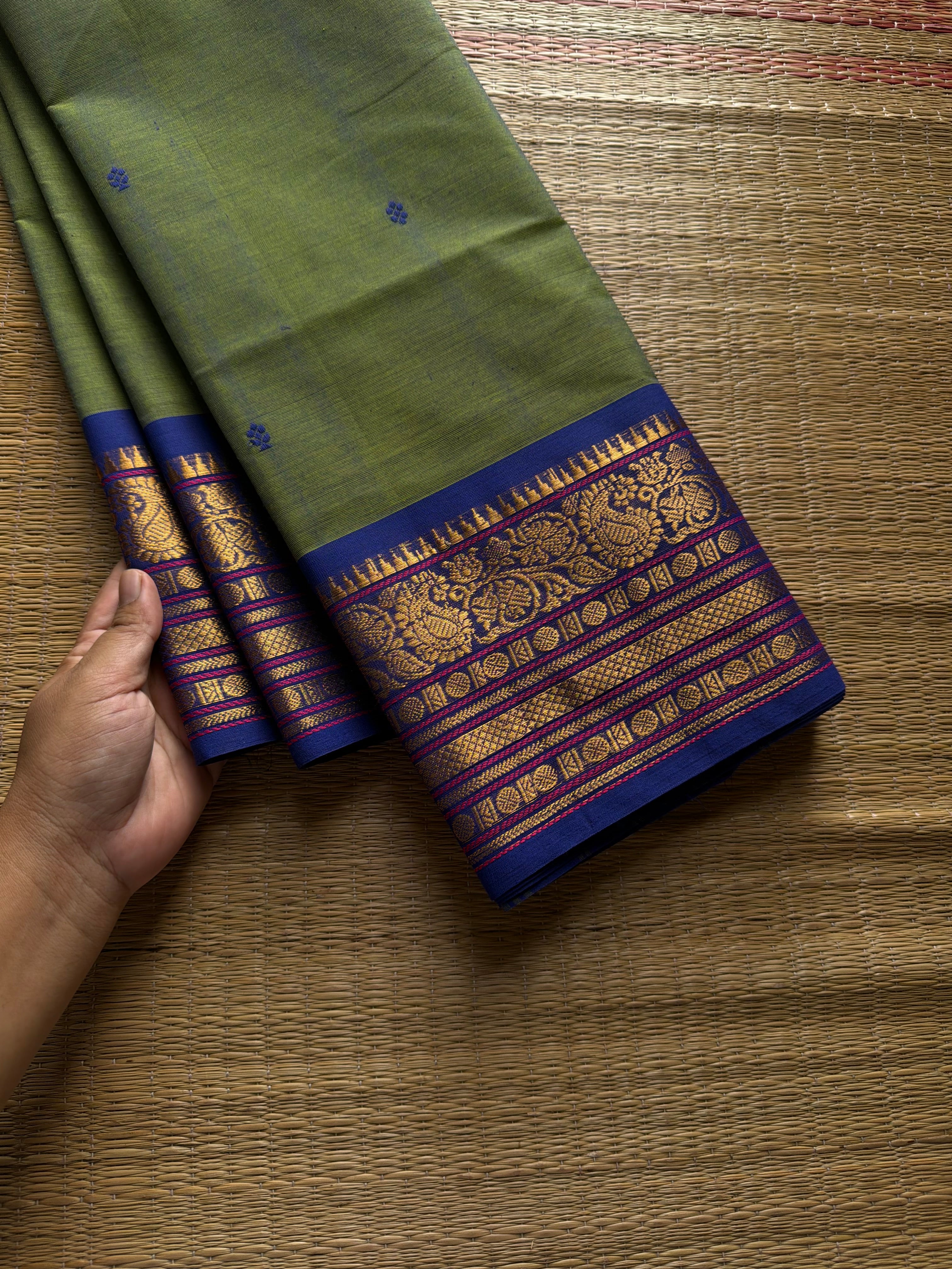 RF1020 Dual tone green shade Kanchi cotton saree with handmade thread buttas