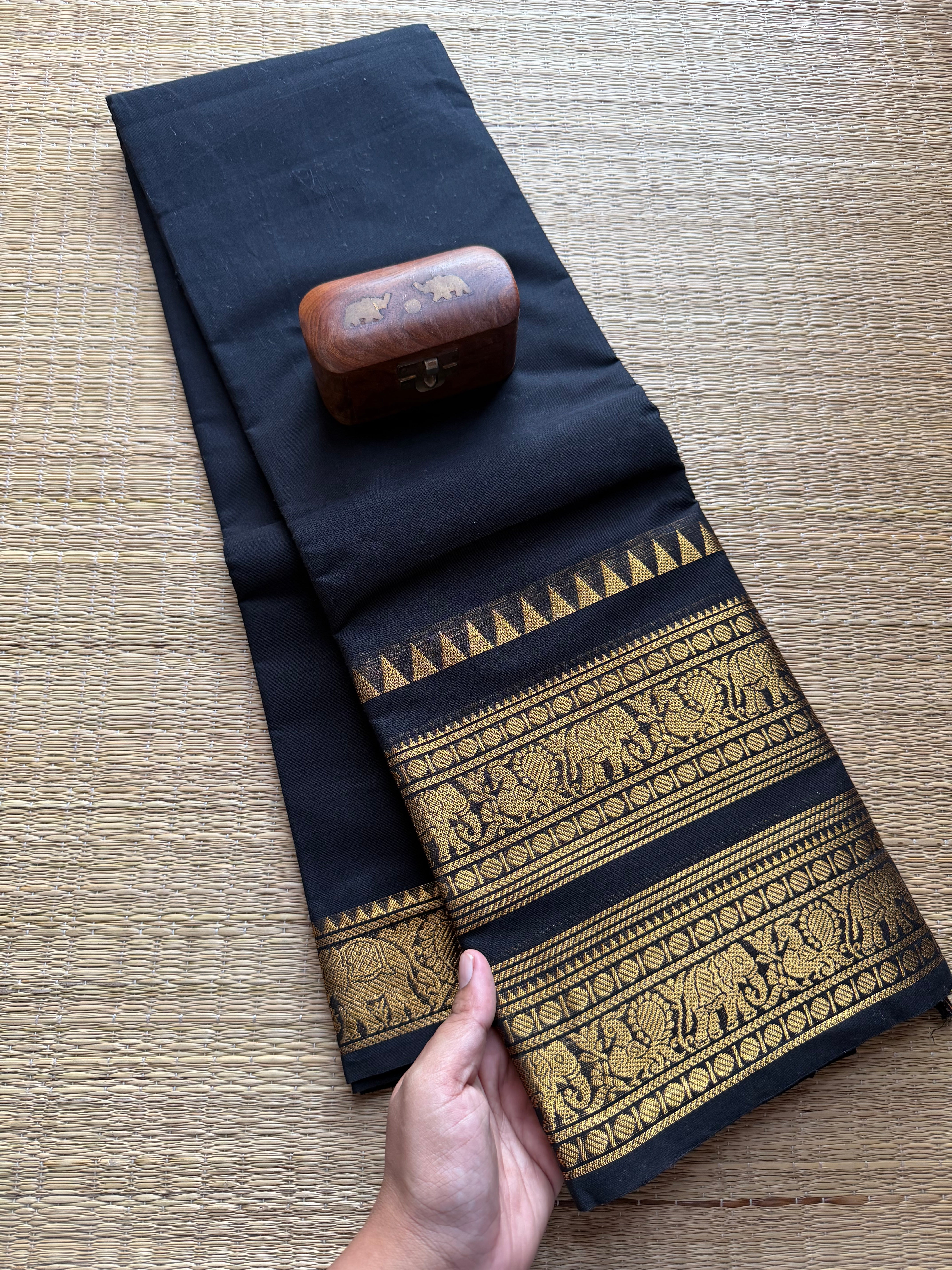 Black Monotone Retta Patta Border Kanchi Cotton Saree