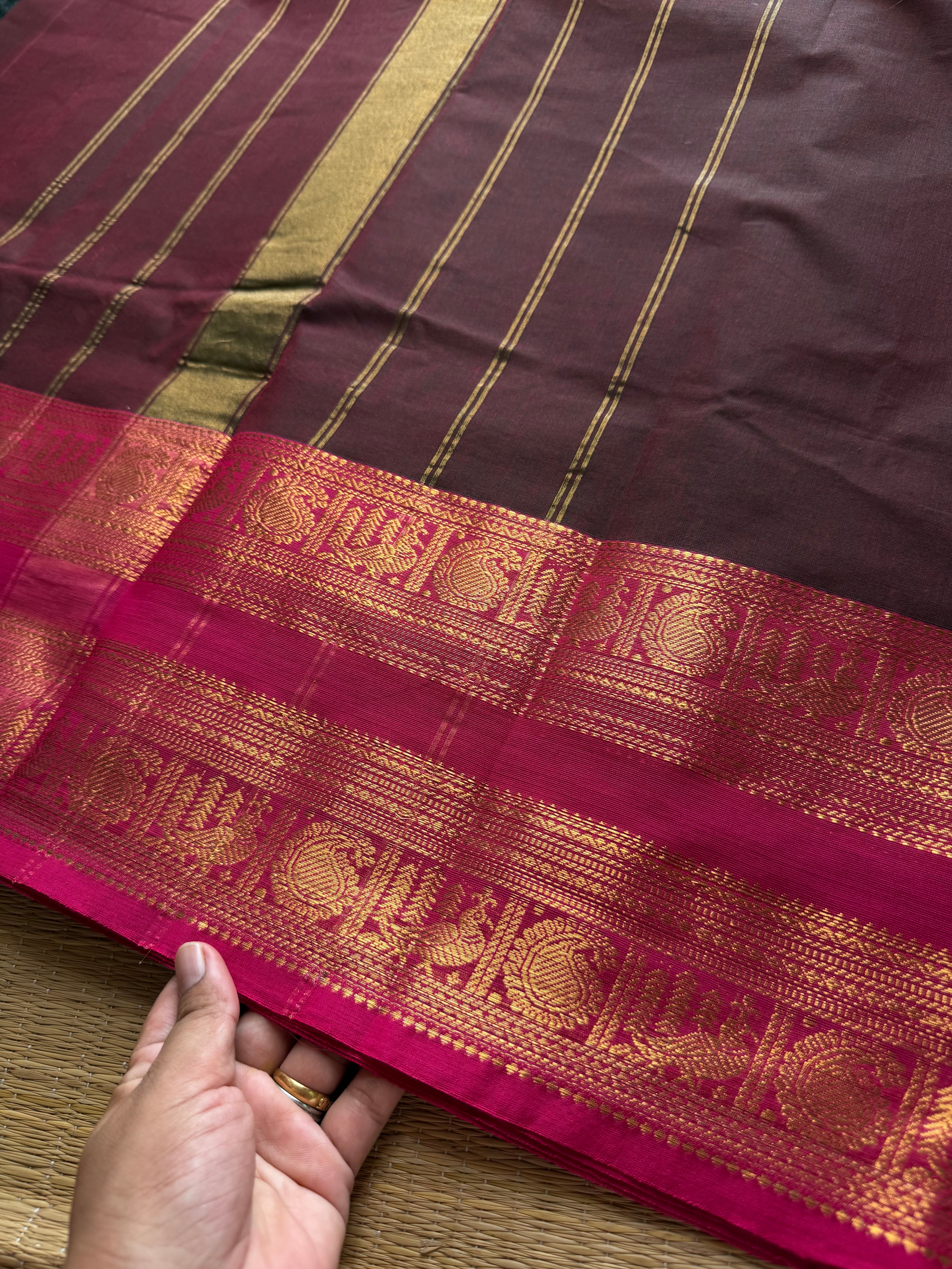 Brown shade Kanchi cotton saree with contrast Rettapet border