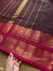 Brown shade Kanchi cotton saree with contrast Rettapet border