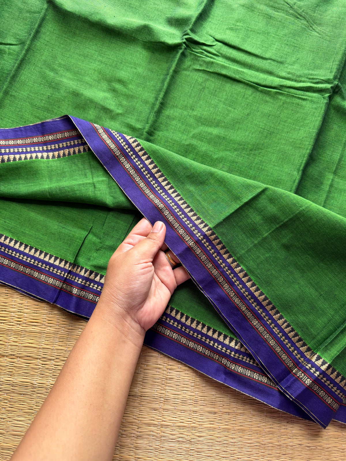 RF453 Green with royal blue combination Mercerised Narayanpet cotton saree with small thread border