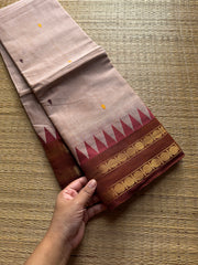 Beige shade Kanchi cotton saree with handmade thread buttas