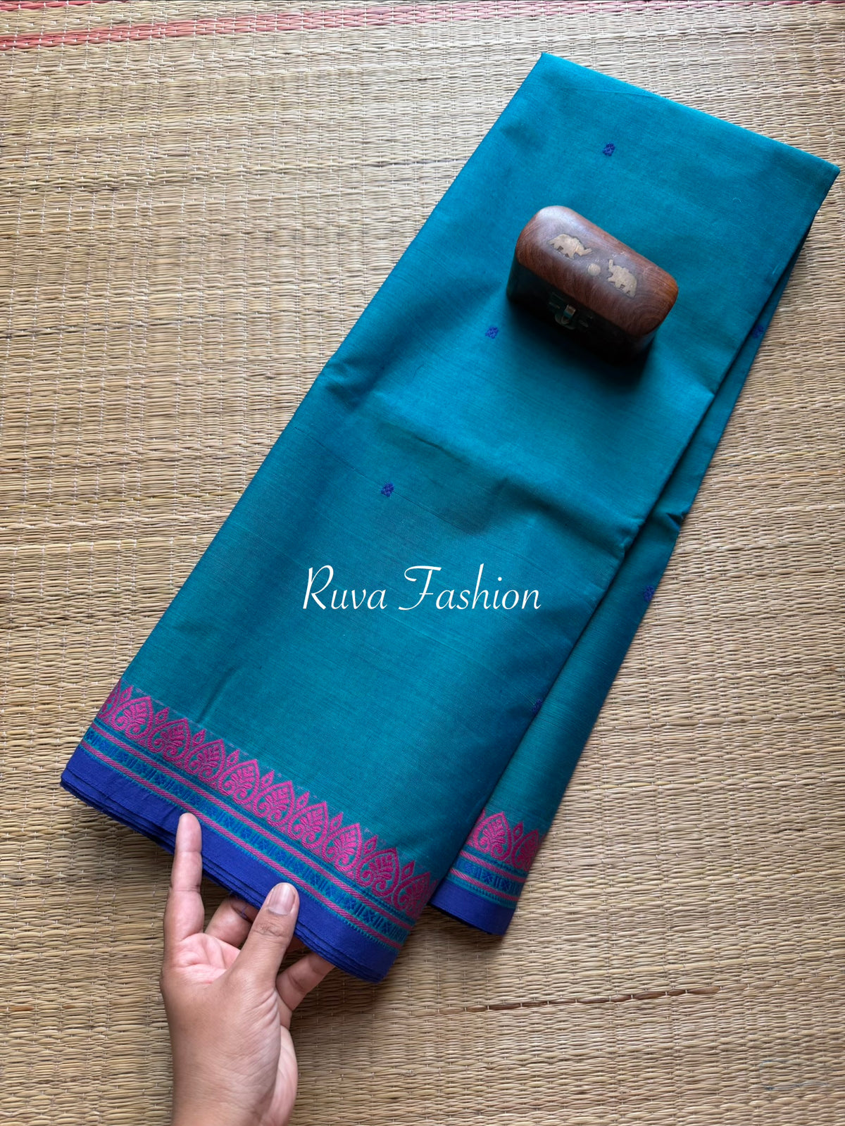 RF5 peacock Blue Soft Kanchi Cotton Saree With small thread border and handwoven thread buttas - RF5