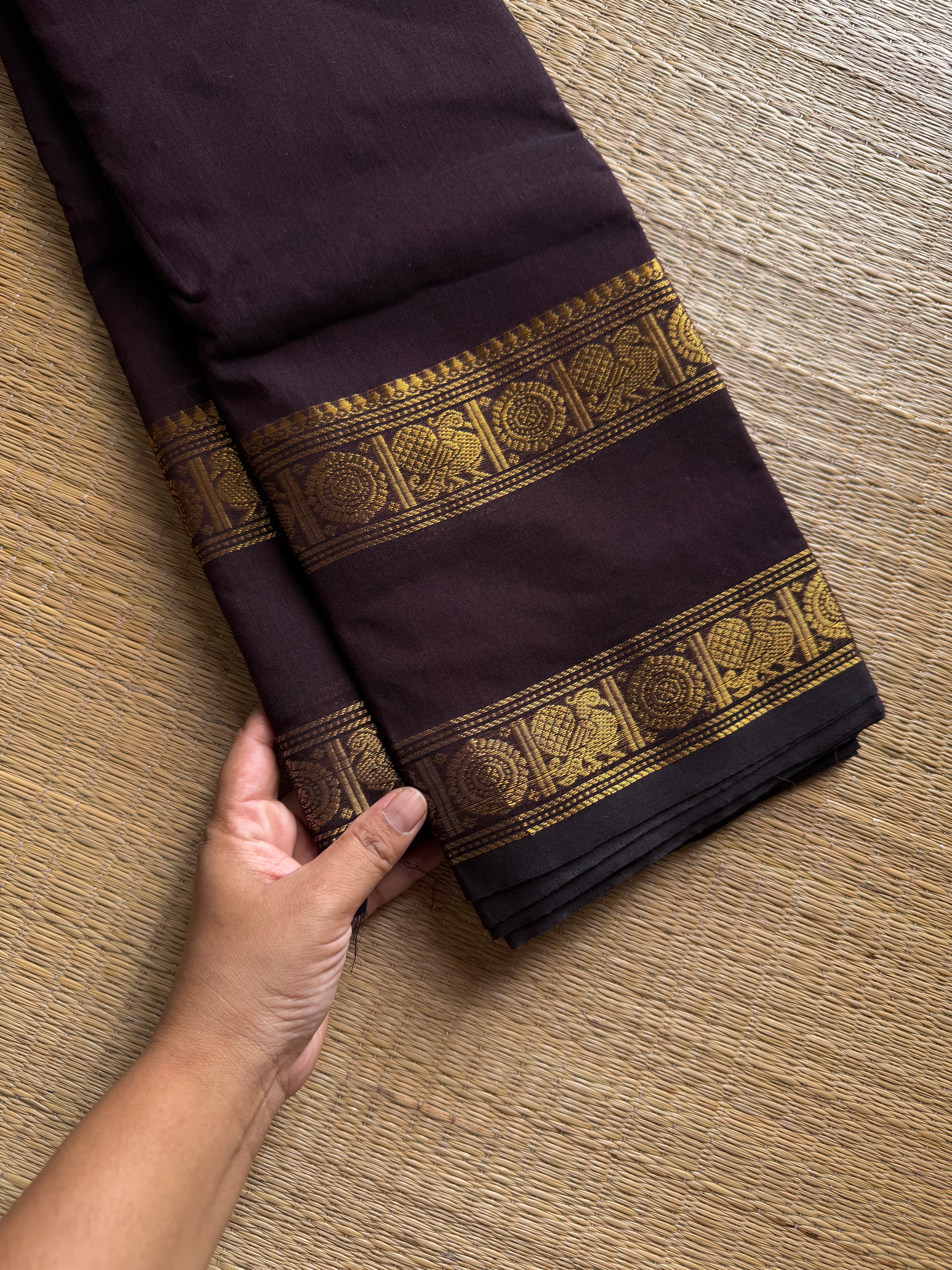 RF1160 Monotone deep coffee brown Kanchi cotton saree