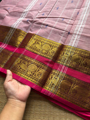 RF304 Light baby pink saree with contrast pink combination Rettapet border Kanchi cotton saree with handmade thread buttas